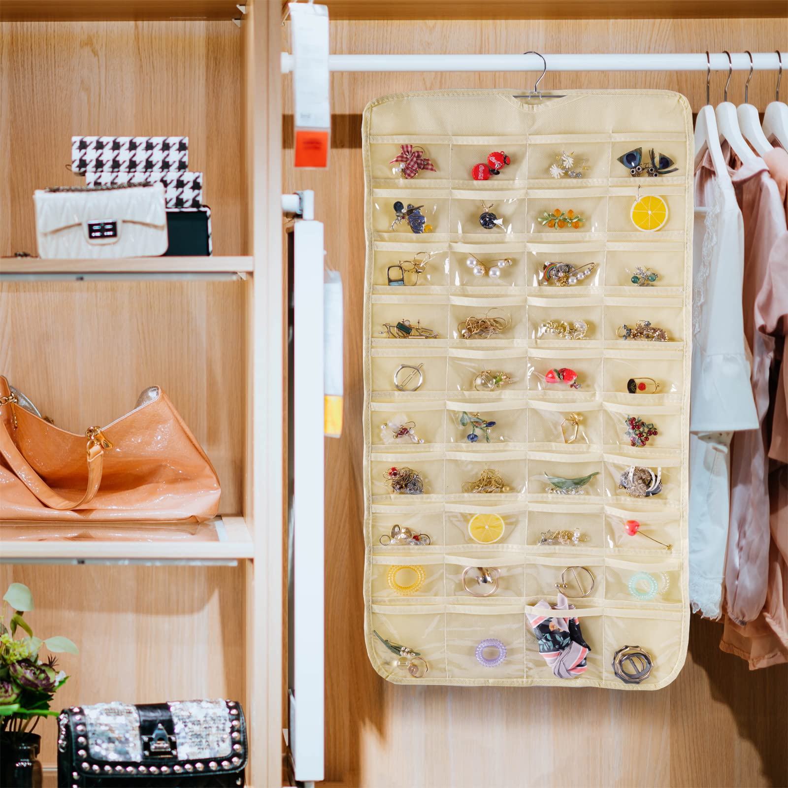 Bloss Hanging Jewelry Organizer - 80 Pockets Double-Size Jewelry Hanger for Earrings, Necklaces & Bracelets Storage | Beige Jewelry Display & Organizer | Perfect for Bedroom, Closet & Travel Use