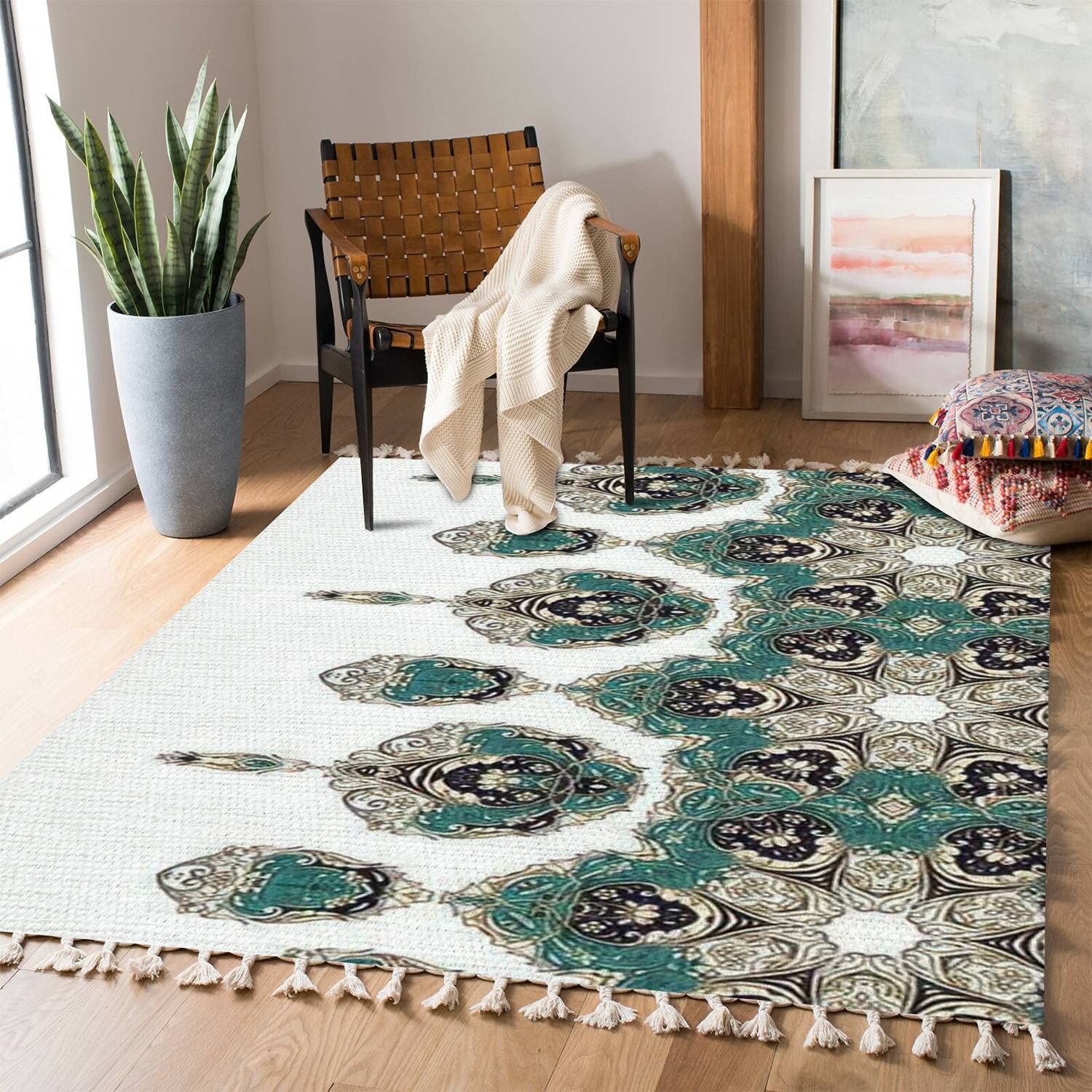 Boho Rug with Seamless Border & Beautiful Vignettes - Minimalist Area Rug for Living Room, Bedroom, Patio, Hallway - Indoor/Outdoor Carpet Mat Pad for Cozy Home Decor | Perfect for Bohemian Style Spaces & High-Traffic Areas