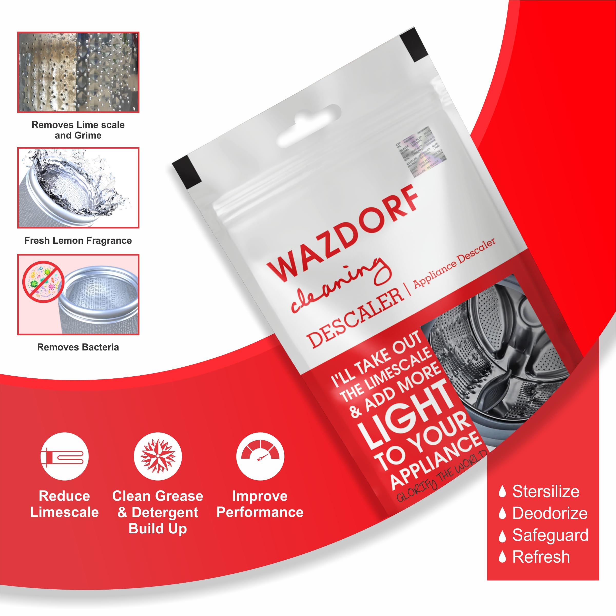 Washing Machine Cleaner & Descaler Powder - Front Load & Top Load Washer Detergent, Drum Cleaner (100g x 4 Pack) | Removes Odor, Mold & Limescale | For HE, Standard & Portable Washing Machines