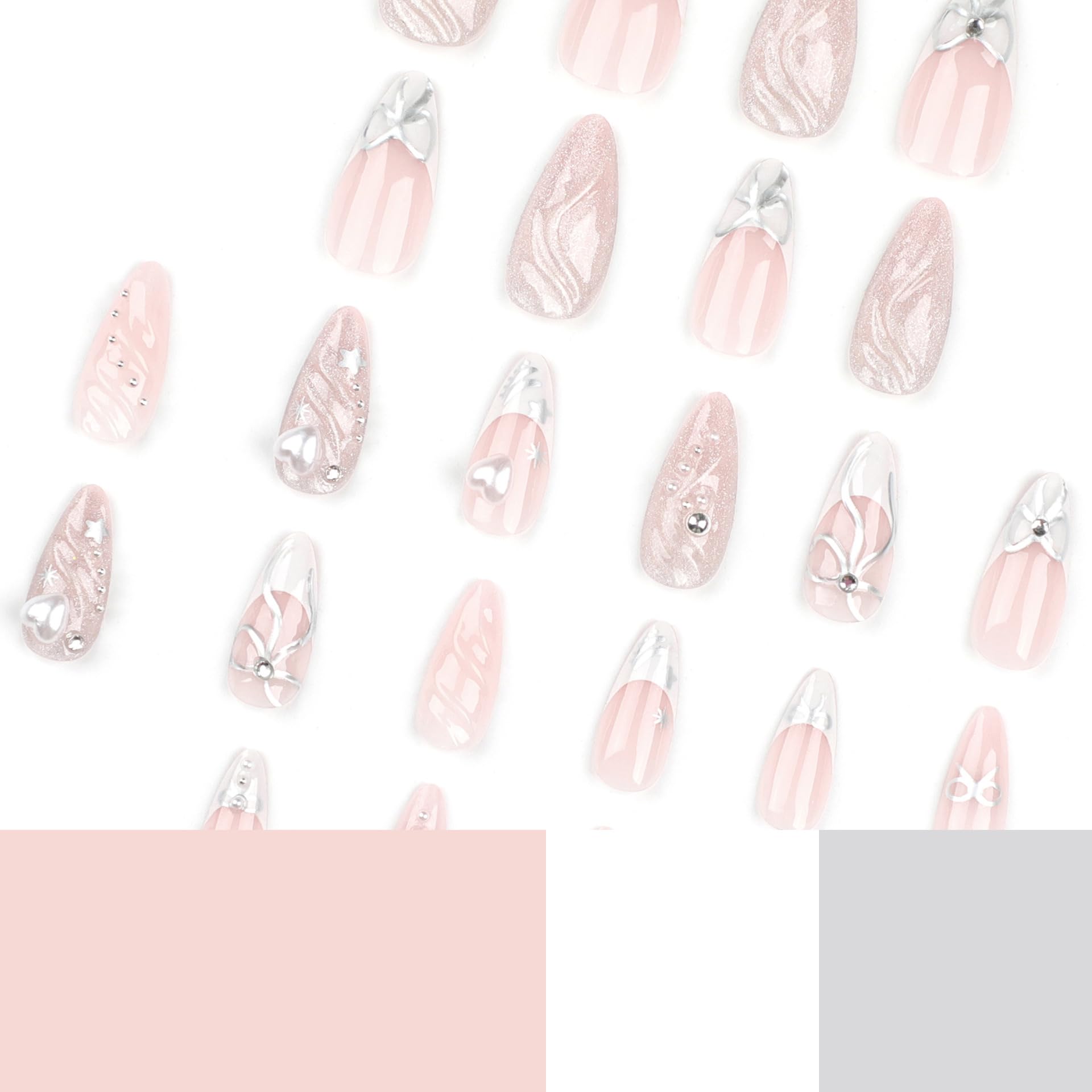 24Pcs Medium French Tip Press on Nails with 3D Silver Bow & Water Ripple Design - Y2K Star Stiletto Fake Nails for Women | Full Cover Stick on Acrylic Nails | Perfect for Parties, Weddings & Everyday Manicure