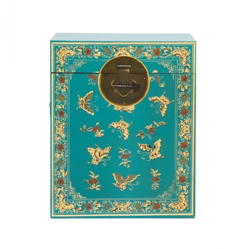 Golden Dragon Oriental Painted Solid Wood Decorative Blue Chest 45x45x50cm - Handcrafted Asian Home Decor for Living Room, Bedroom & Office Storage