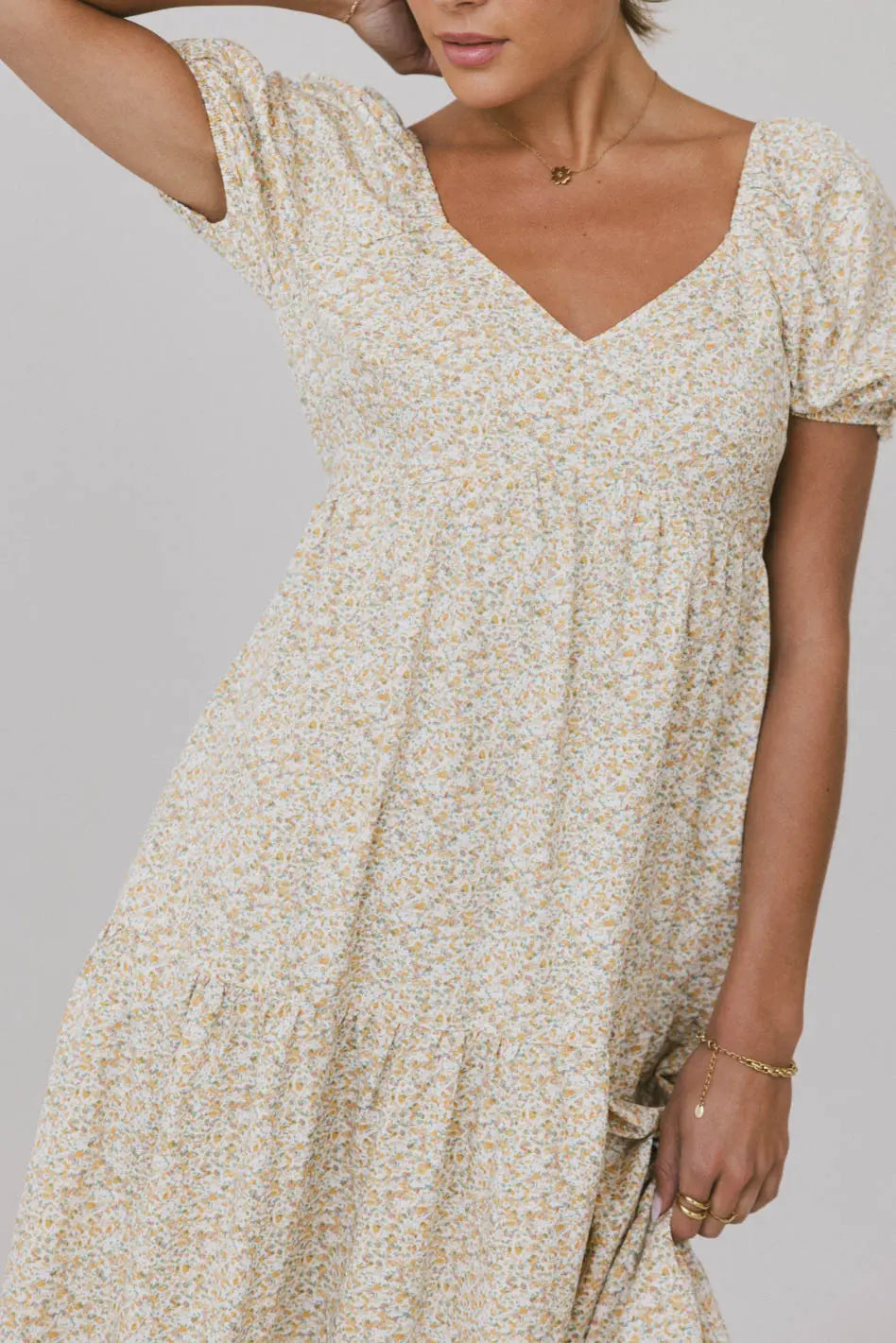 Amelia Ditsy Floral Summer Dress in Yellow - Women's Casual Flowy Midi Dress with Short Sleeves | Perfect for Beach Vacations, Garden Parties & Date Nights