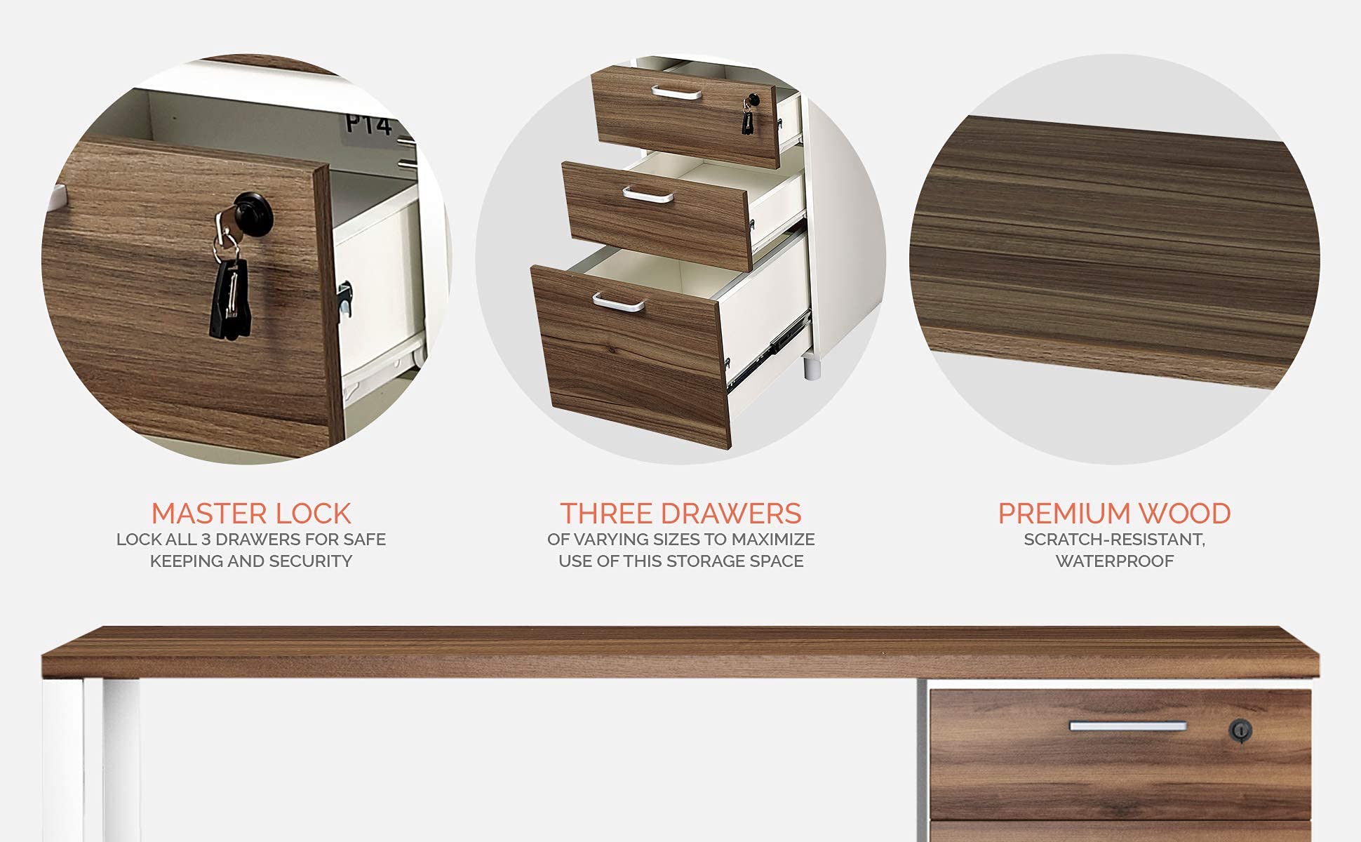 Modern Milano Office Desk with 3 Locking Drawers - 48 Inch White & Walnut Computer Desk with Filing Storage - Home Office Furniture for Small Spaces & Remote Work