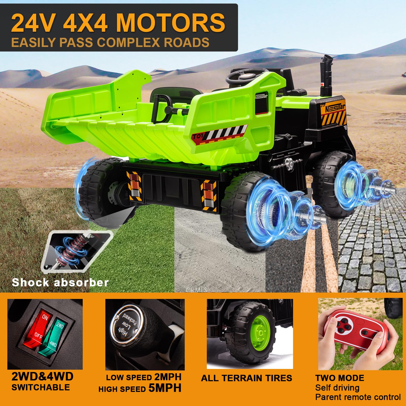 24V 2 Seater Kids Ride On Dump Truck with Remote Control - 4WD/2WD Electric Toy Car for Big Kids (5 MPH Max Speed) - Includes Dump Bed, Shovel & Traffic Cones - Perfect for Outdoor Play & Construction Pretend Play (Green)
