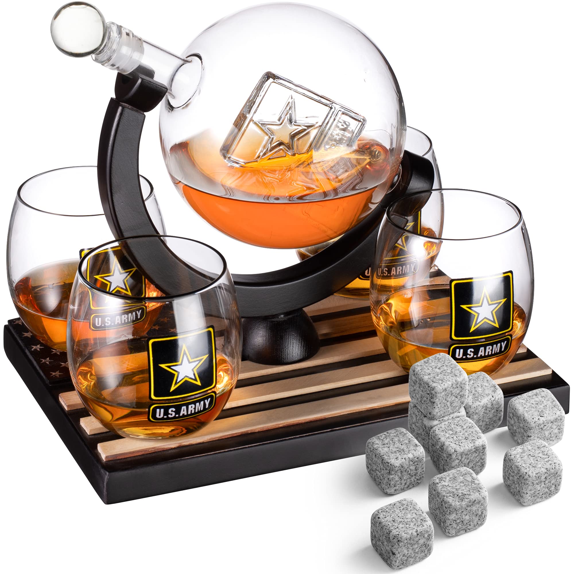 U.S. Army Whiskey Decanter Set with 4 Glasses & 9 Whiskey Stones - Wooden Flag Base Military Gift for Men, Veterans, Fathers - Perfect for Bourbon & Scotch Lovers - Ideal for Father's Day, Retirement, Home Bar Decor & Patriotic Celebrations