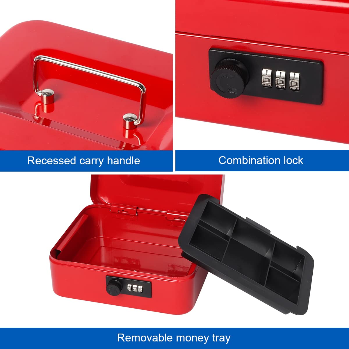 Lovndi Small Metal Cash Box with Combination Lock - 7.87 x 6.3 x 3.54 Inch Money Storage Box with Removable Tray, Secure Cash Holder for Home, Office, or Retail Use (Red)
