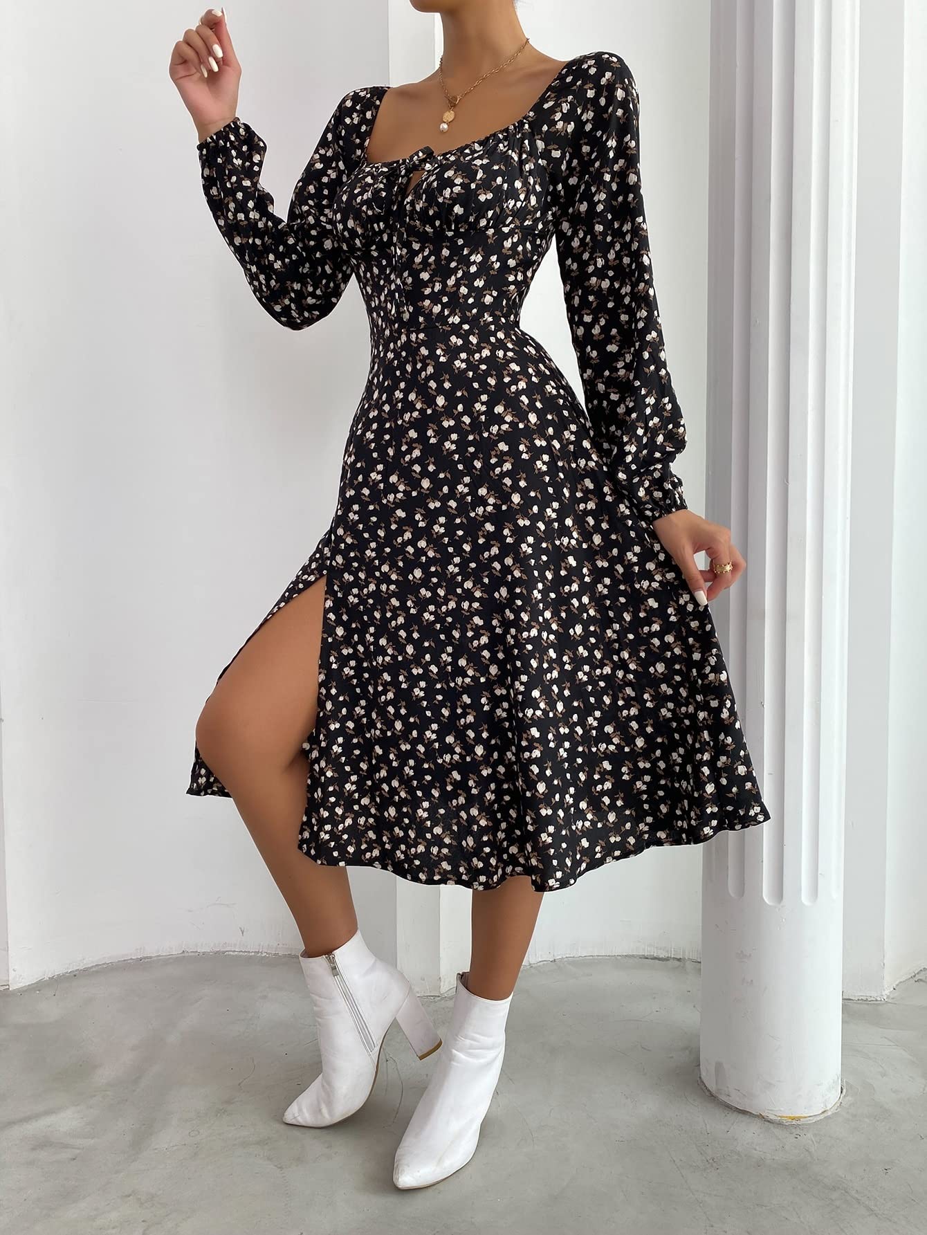 Floral Knot Front Slit Hem Long Sleeve Midi Dress for Women | Summer Party & Club Wear | Elegant Casual & Evening Occasion Outfit
