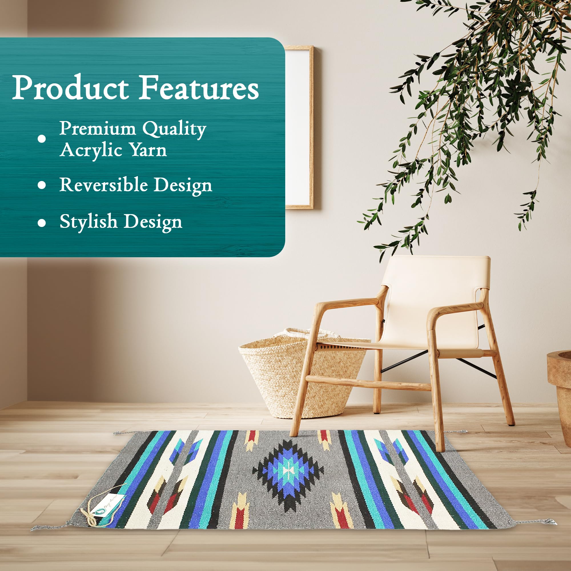 Southwest Area Rug - Machine Washable Bohemian Rug for Indoor & Outdoor Use - Farmhouse Western Decor Rug for Living Room, Dining Room, Bedroom - Diamond Pattern in Gray/Black/Blue - 32