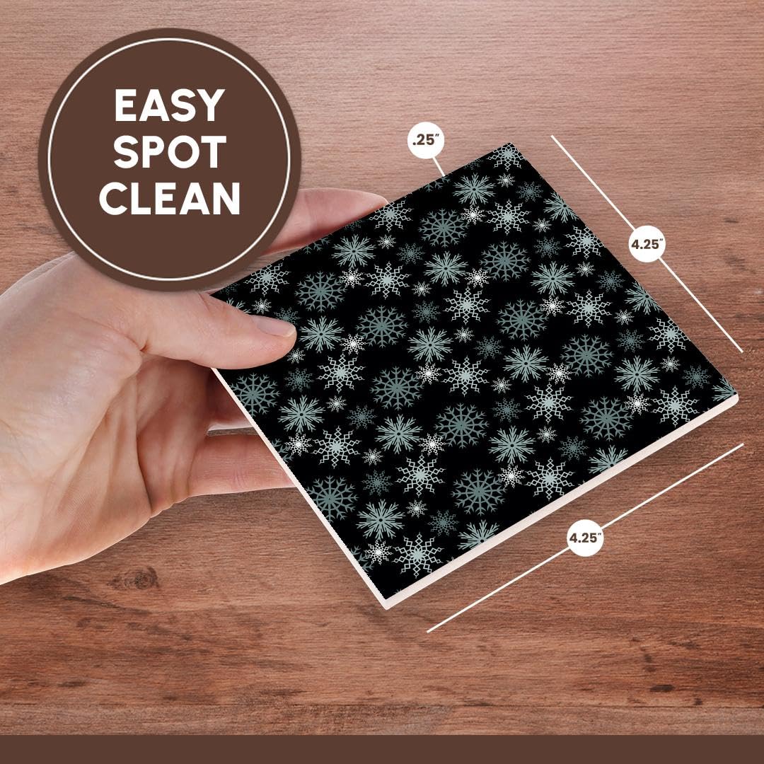 3D Rose Snowflakes on Black - Set of 4 Ceramic Tile Coasters for Drinks, Perfect for Christmas Decor, Home Bar, and Party Use