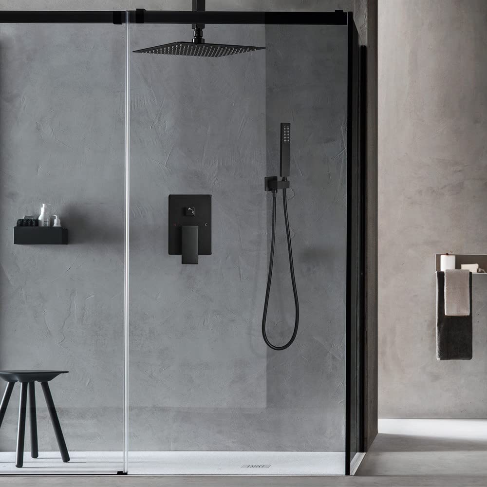 10 Inch Ceiling Mounted Rain Shower System - Matte Black Rainfall Shower Head with Mixer Valve and Rough-in Trim - Perfect for Modern Bathroom Renovations and Spa-Like Shower Experiences