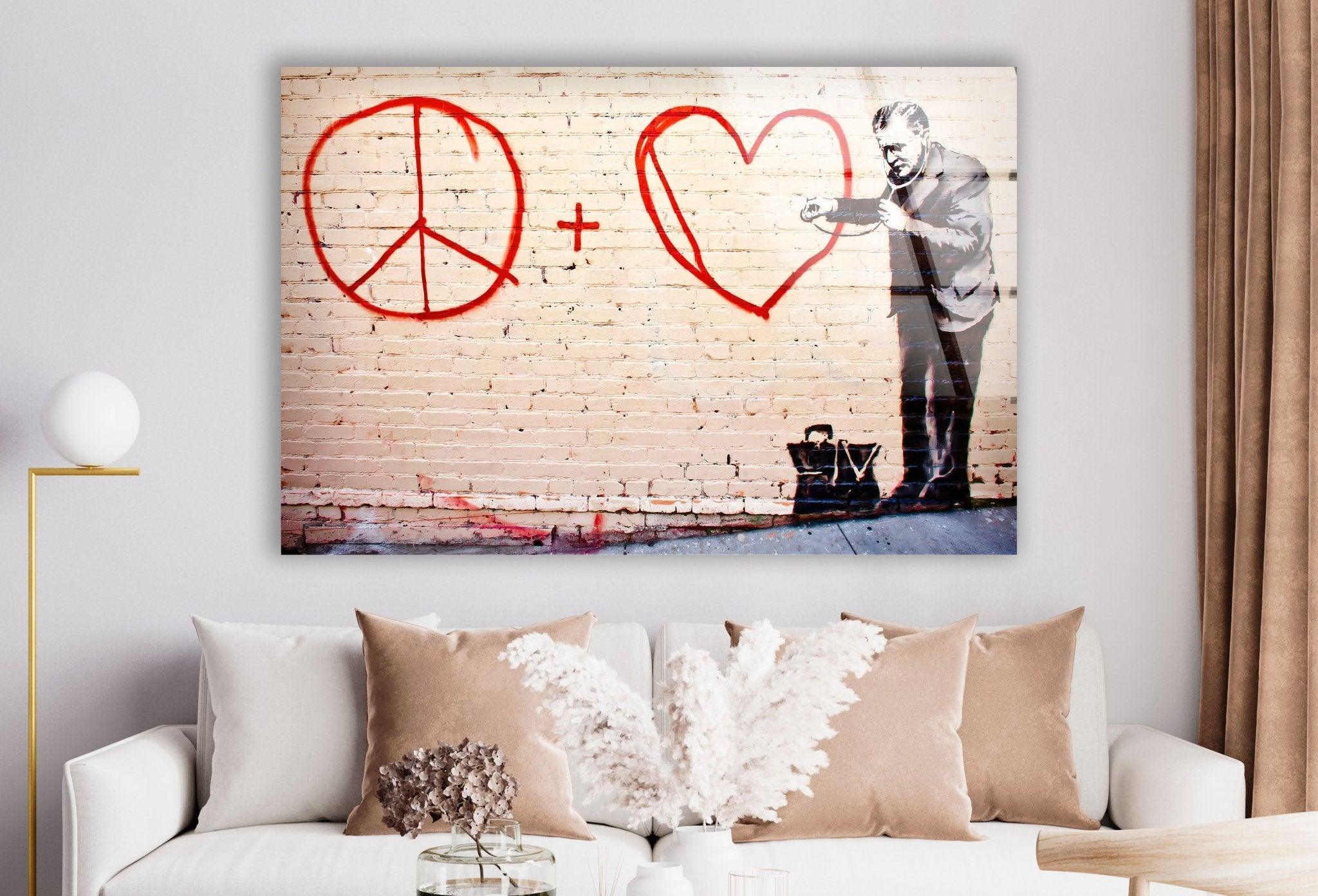 Banksy Peace and Love Glass Wall Art - Modern Home Decor for Living Room, Bedroom & Office - Unique Street Art Inspired Glass Panel