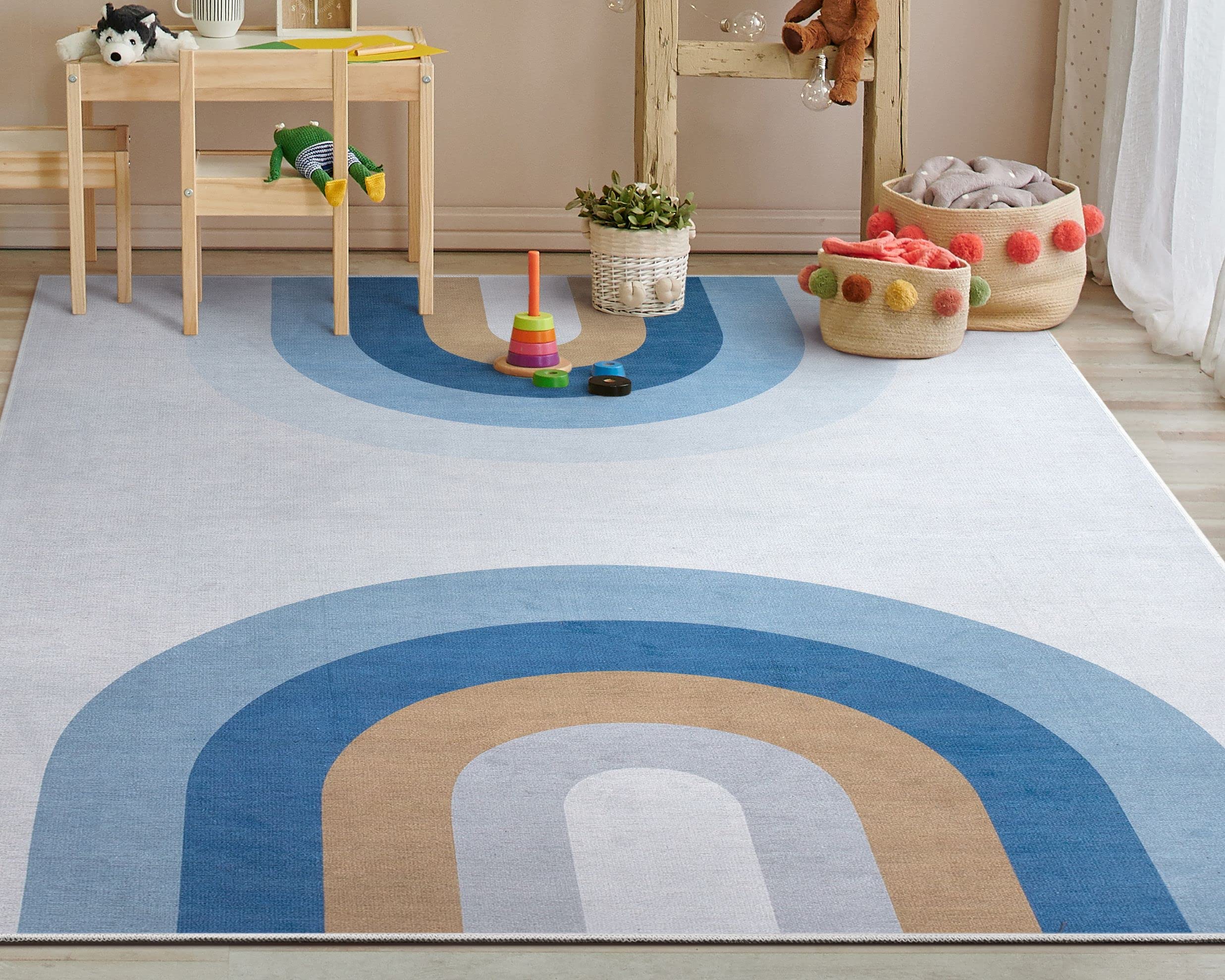 Well Woven Kids Rugs Twilight Rainbow 6' x 9' Blue Modern Printed Machine Washable Area Rug - Soft Playroom Carpet for Nursery, Bedroom & Daycare (Easy Clean Non-Slip Floor Mat)