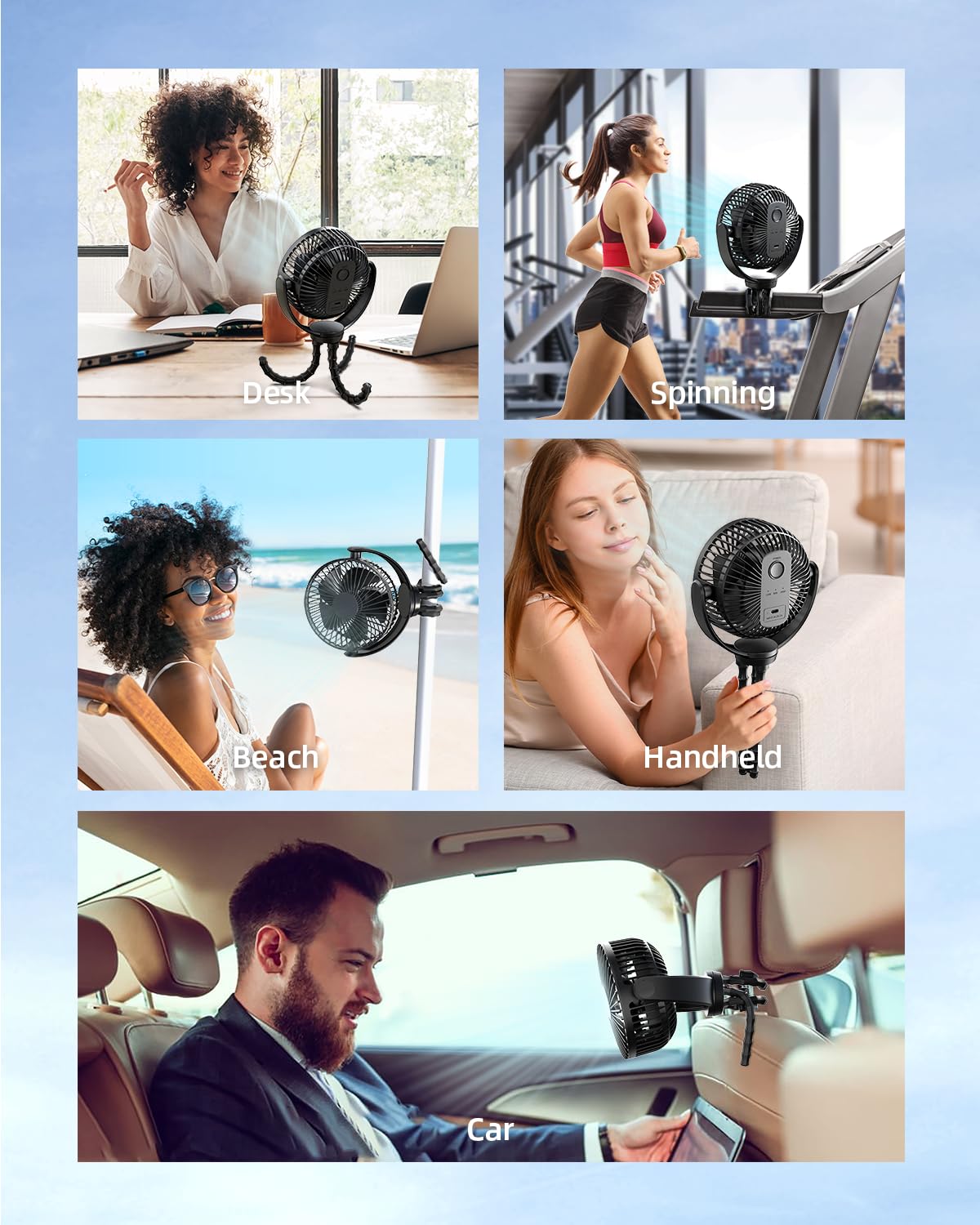5000mAh Portable Battery Operated Fan with Flexible Tripod - USB Rechargeable Clip on Fan for Baby Stroller, Bike, Treadmill, Car Seat & Golf Cart | Handheld Cooling Fan for Travel, Bed & Outdoor Activities