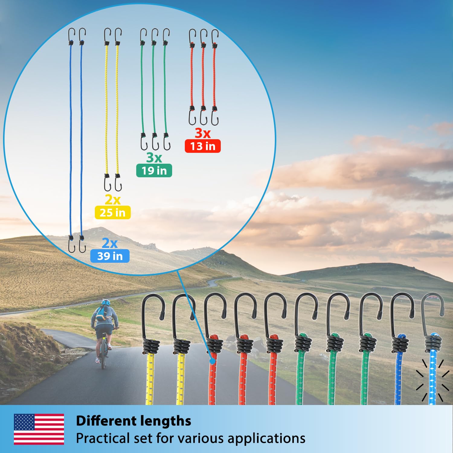Valonic Heavy-Duty Reflective Bungee Cords with Hooks - 10-Pack Super Elastic Straps (200% Stretch) for Motorcycle, Bike, Kayak, Camping Tent, Pool Cover & Outdoor Gear - Perfect for Securing Cargo, Tying Down Equipment & Organizing Outdoor Adventures