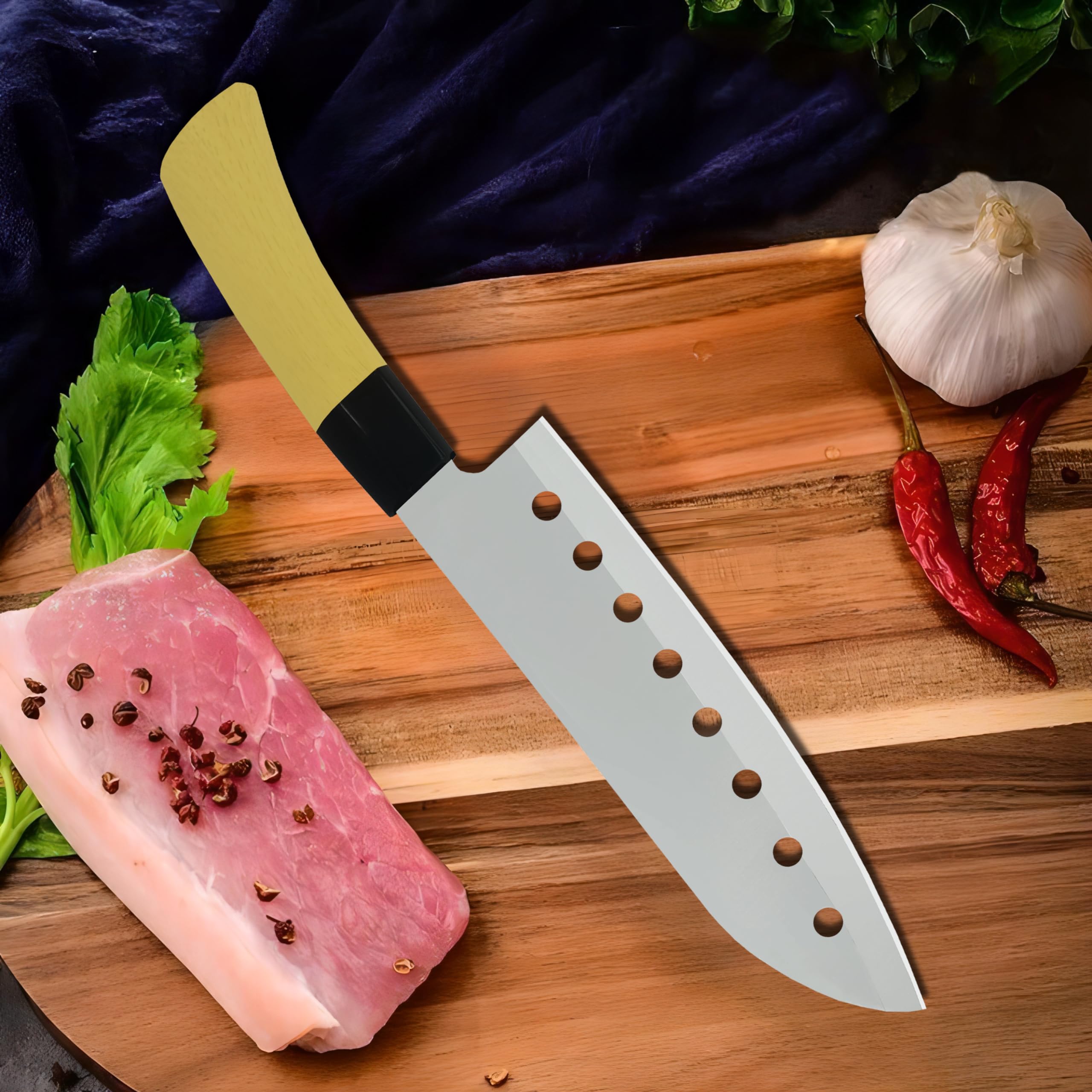 ATARC AT-135 7-Inch Japanese Santoku Knife with Non-Stick Holes - Ultra Sharp Stainless Steel Blade for Meat, Chicken, Cheese, Vegetables & Fruits - Ergonomic Handle (Yellow) - Perfect for Home Kitchen, Professional Chefs & Food Prep