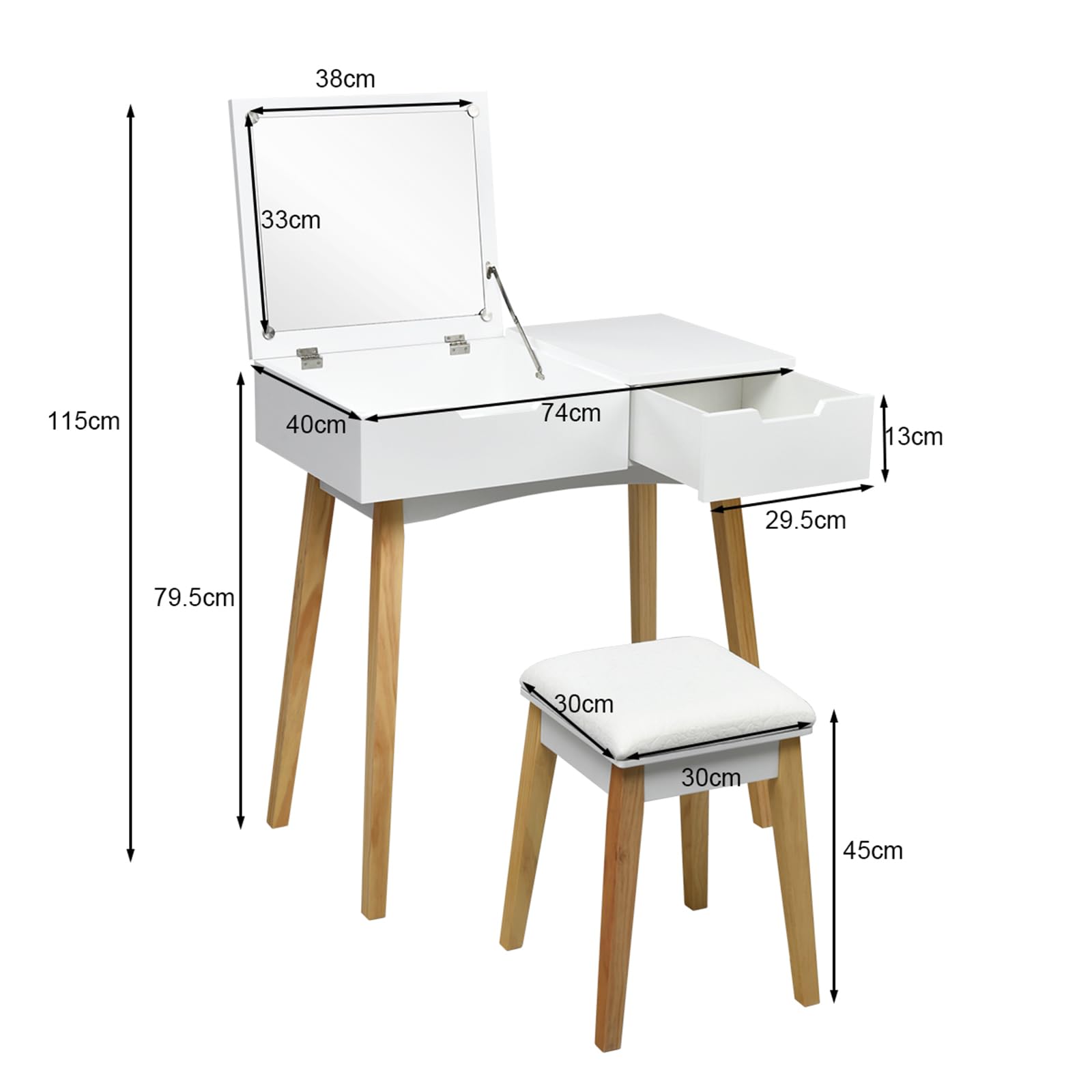COSTWAY Makeup Vanity Table with Mirror and Stool, White Cosmetic Desk for Bedroom, Living Room - Perfect for Dressing, Applying Makeup & Organizing Beauty Products