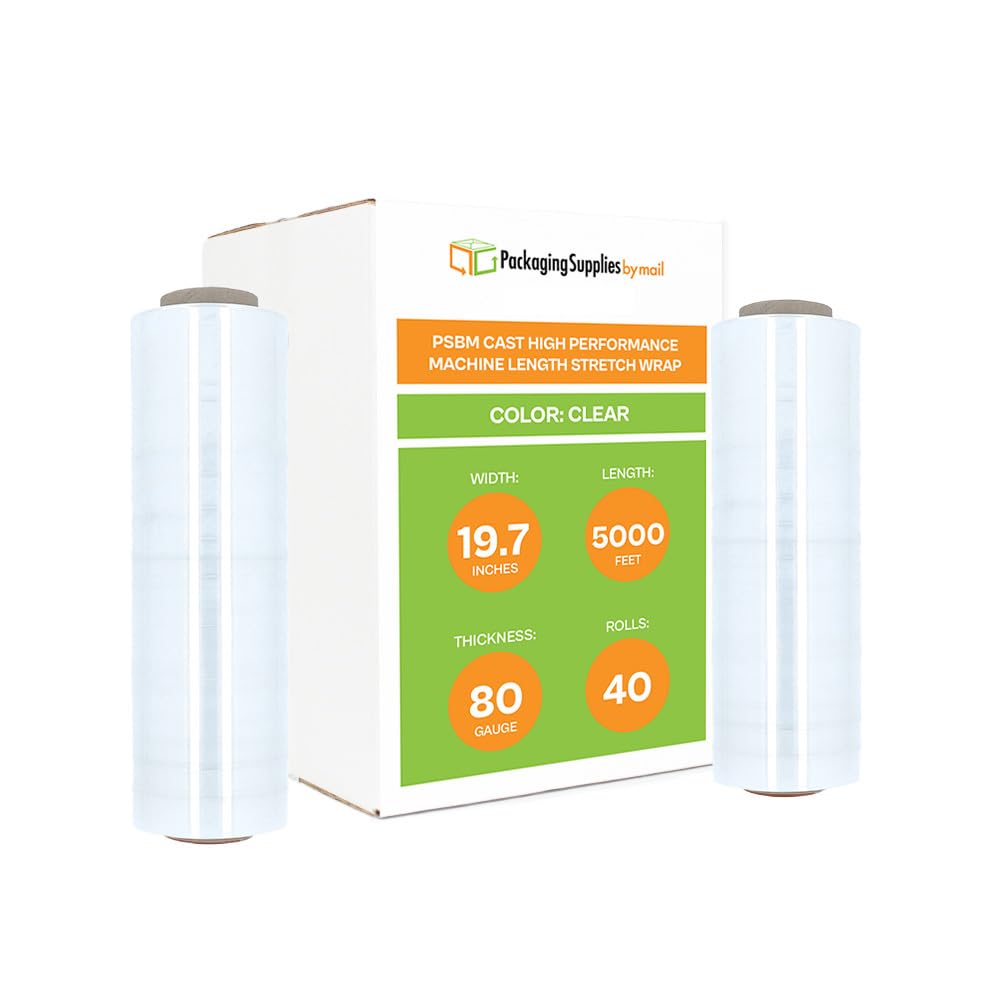 Industrial Packing Plastic Wrap - Heavy Duty Cast Machine Stretch Film, 19.7 Inch x 5000 Feet, 80 Gauge (40 Rolls) - Perfect for Warehouse, Shipping & Pallet Securing