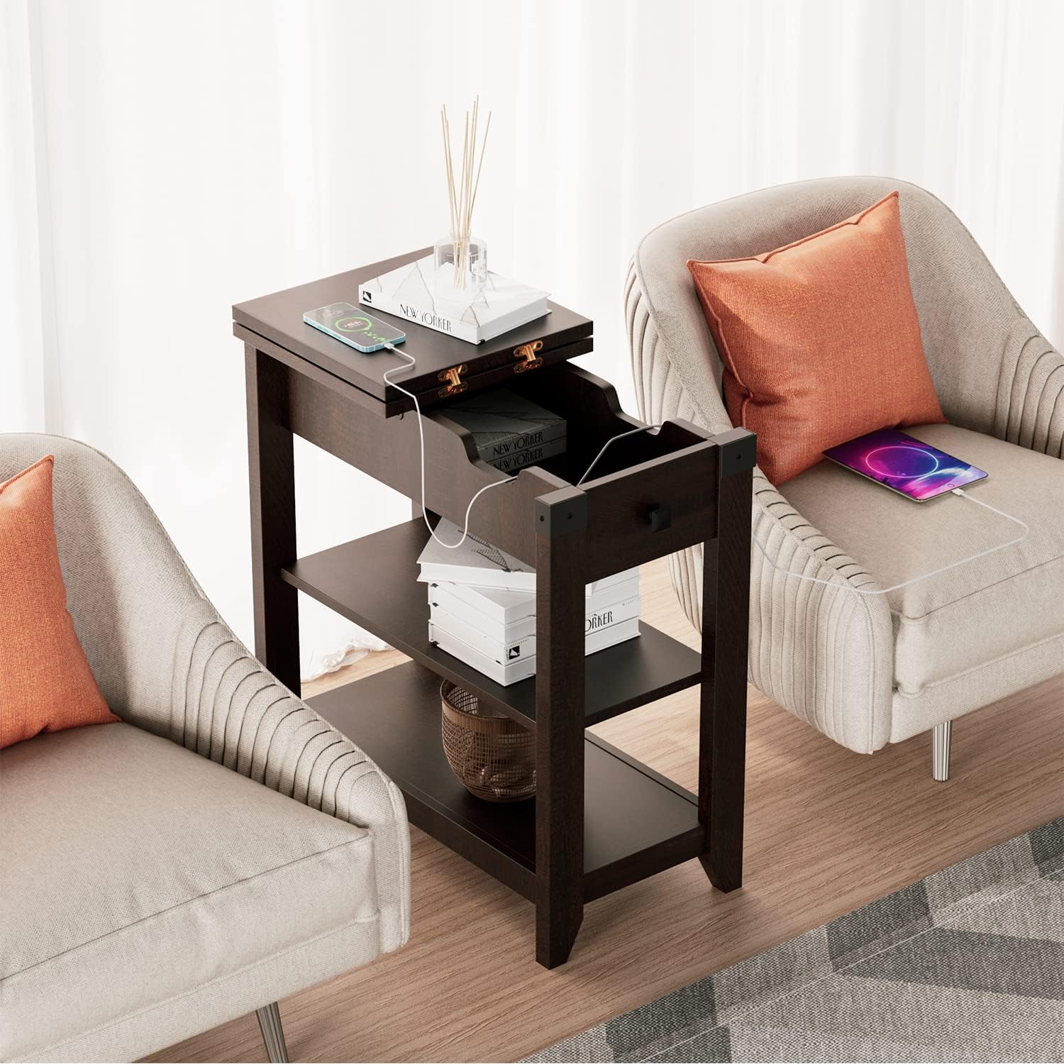 Set of 2 Narrow Flip Top End Tables with USB Charging Station - Farmhouse Style Nightstands with Storage Shelf - Space Saving Sofa & Bedside Tables for Living Room & Bedroom in Espresso Finish - Perfect for Small Apartments, Dorms & Cozy Home Decor