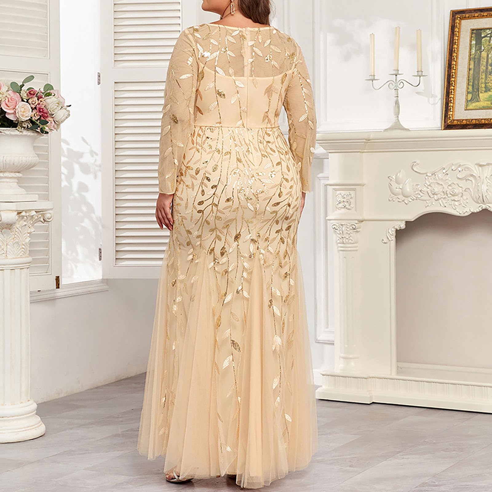 Plus Size Formal Dresses for Women - Elegant Long Sleeve Sequin Tulle Ball Gown with Sparkly Applique, Crewneck Bodycon Maxi Dress for Prom, Wedding & Special Occasions