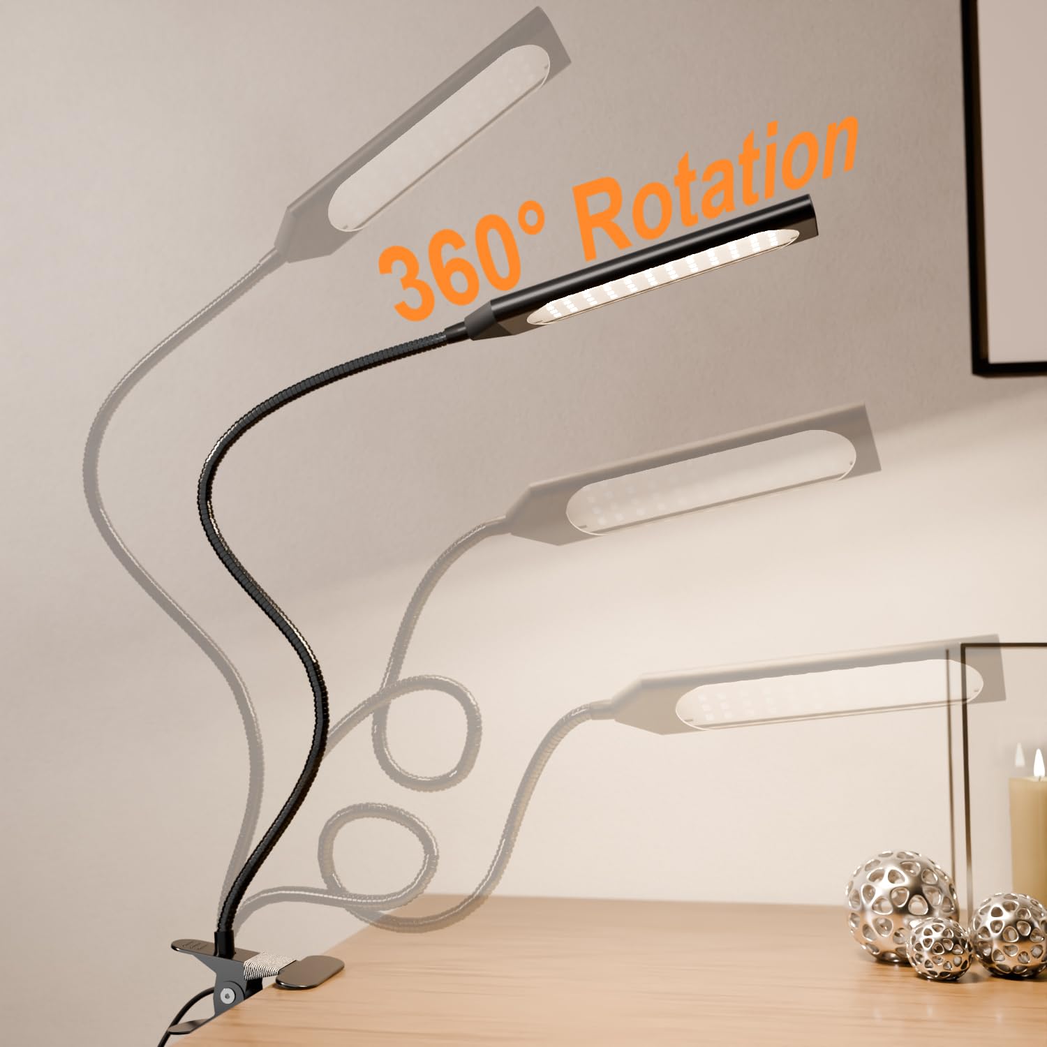 LED Clip On Desk Lamp - 3 Color Modes & 14 Brightness Levels, Dimmable Adjustable Gooseneck Reading Light with Metal Clip, 360° Rotation for Home Office Study | Perfect for Reading, Studying, Working & Nightstand Use (Black)