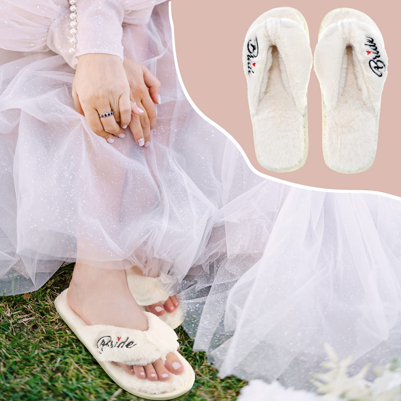 SATINIOR White Fuzzy Bridal Slippers for Wedding Day - Comfortable Bride Slippers for Women, Bridal Party & Wedding Shower (Size 7-8) | Perfect for Getting Ready, Reception & Honeymoon