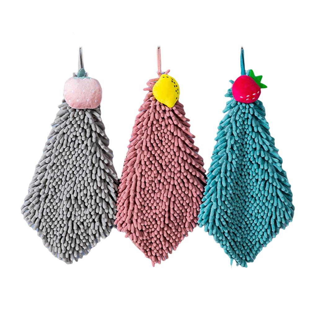 VEAREAR 3 Pack Soft Hanging Chenille Hand Towels - Absorbent Thick Microfiber Bath & Kitchen Towels with Cute Fruit Design for Bathroom Decor | Perfect for Guest Bathrooms, Kitchen Use & Home Decoration