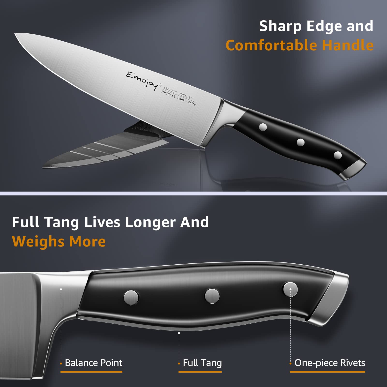 18-Piece Emojoy Professional Kitchen Knife Set with Wooden Block - German Stainless Steel Chef Knives with Manual Sharpener - Perfect for Home Cooking, Restaurant Use & Gift Giving