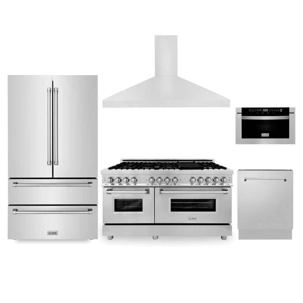 ZLINE 60-inch Stainless Steel Kitchen Package: Dual Fuel Range, Convertible Vent Hood, Microwave Drawer & Dishwasher - Premium 5KPR RARH60 MWDWV Set for Modern Home Cooking & Entertaining