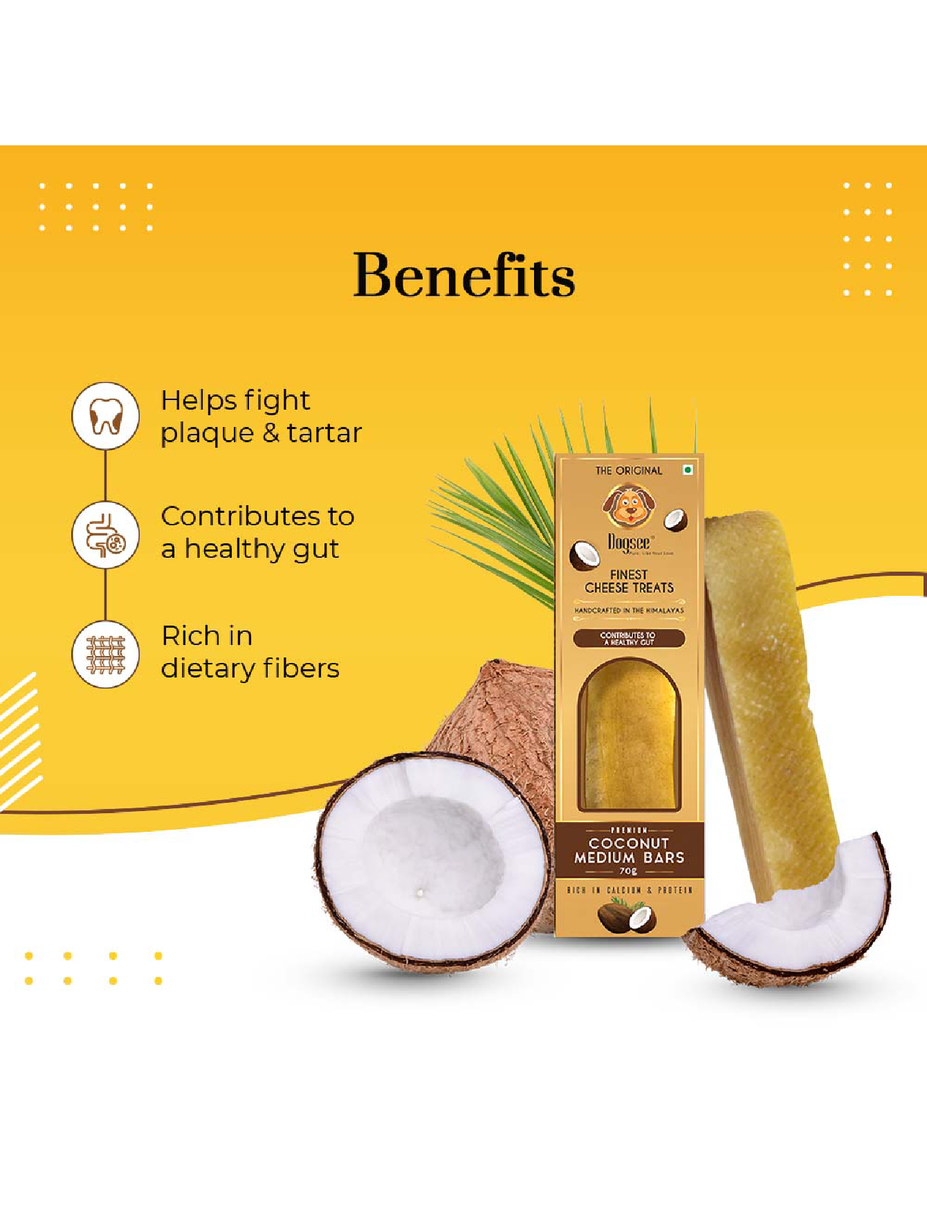 Natural Himalayan Yak Cheese Dog Chews with Coconut - 70g Healthy Dog Treats for Teeth Cleaning & Long-Lasting Chewing - Perfect for Puppies & Adult Dogs