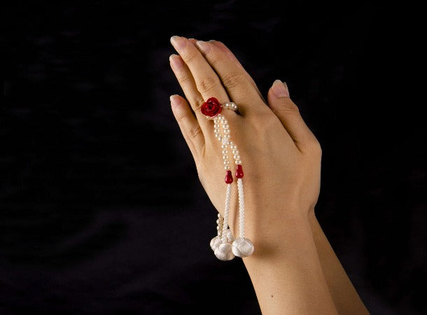 Soka Gakkai Prayer Beads - Small Size Red Rose & White Pearl Buddhist Mala Necklace - Perfect for Meditation, Chanting & Spiritual Practice