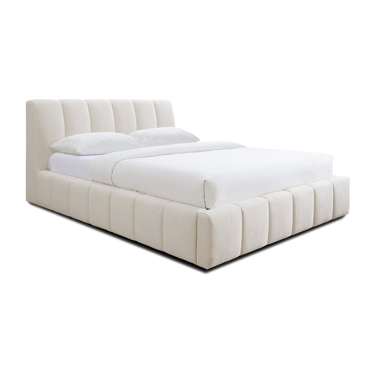 Allocco Queen Size Bed Frame with Upholstered Headboard - Cream Velvet Fabric - Modern Platform Bed for Bedroom - Perfect for Master Bedroom, Guest Room, or Apartment