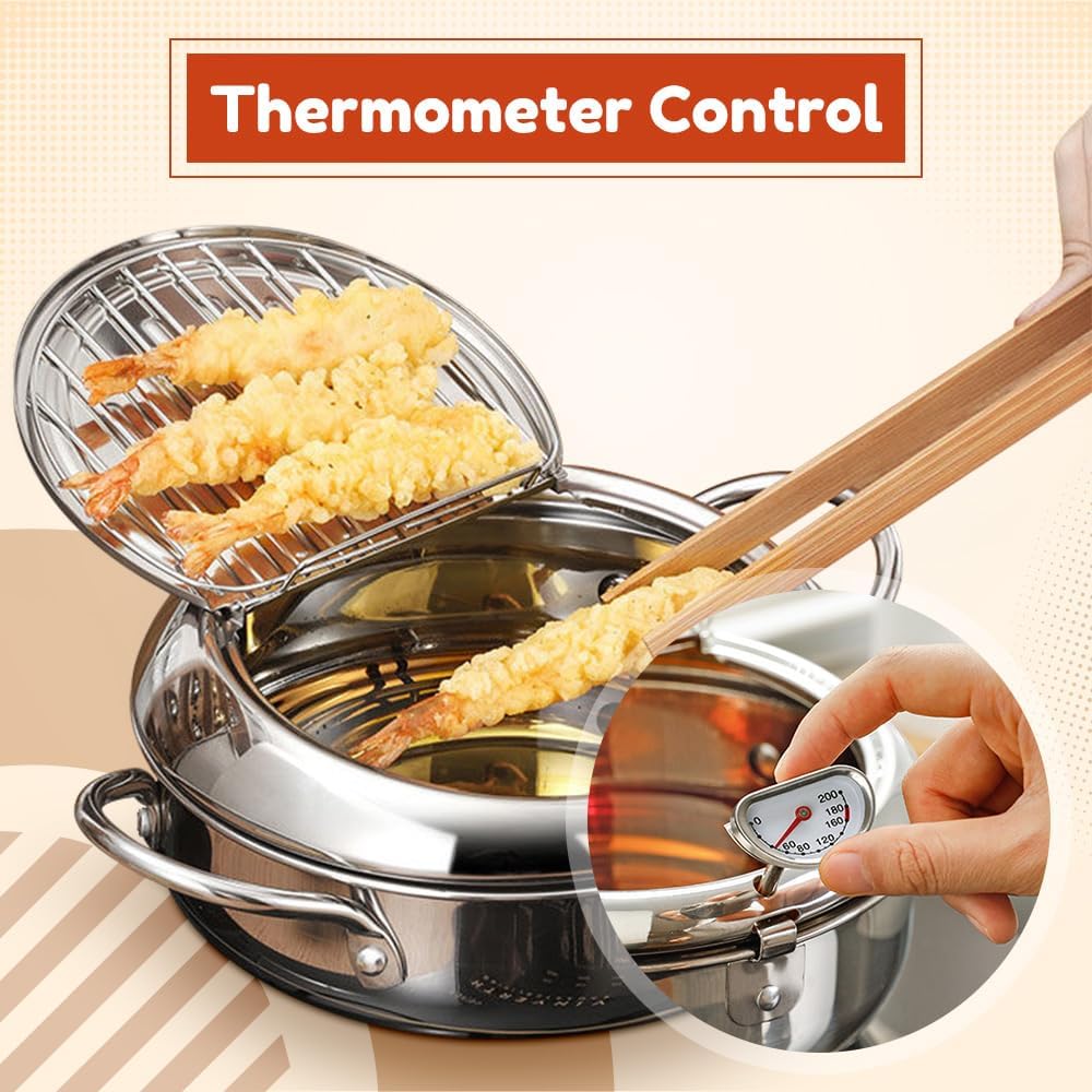 2024 Upgraded Stainless Steel Deep Fryer Pot with Thermometer & Oil Drip Rack - 11 Inch Japanese Tempura Fryer for Chicken, Chips & Home Cooking | Perfect for Kitchen, Restaurants & Outdoor Camping