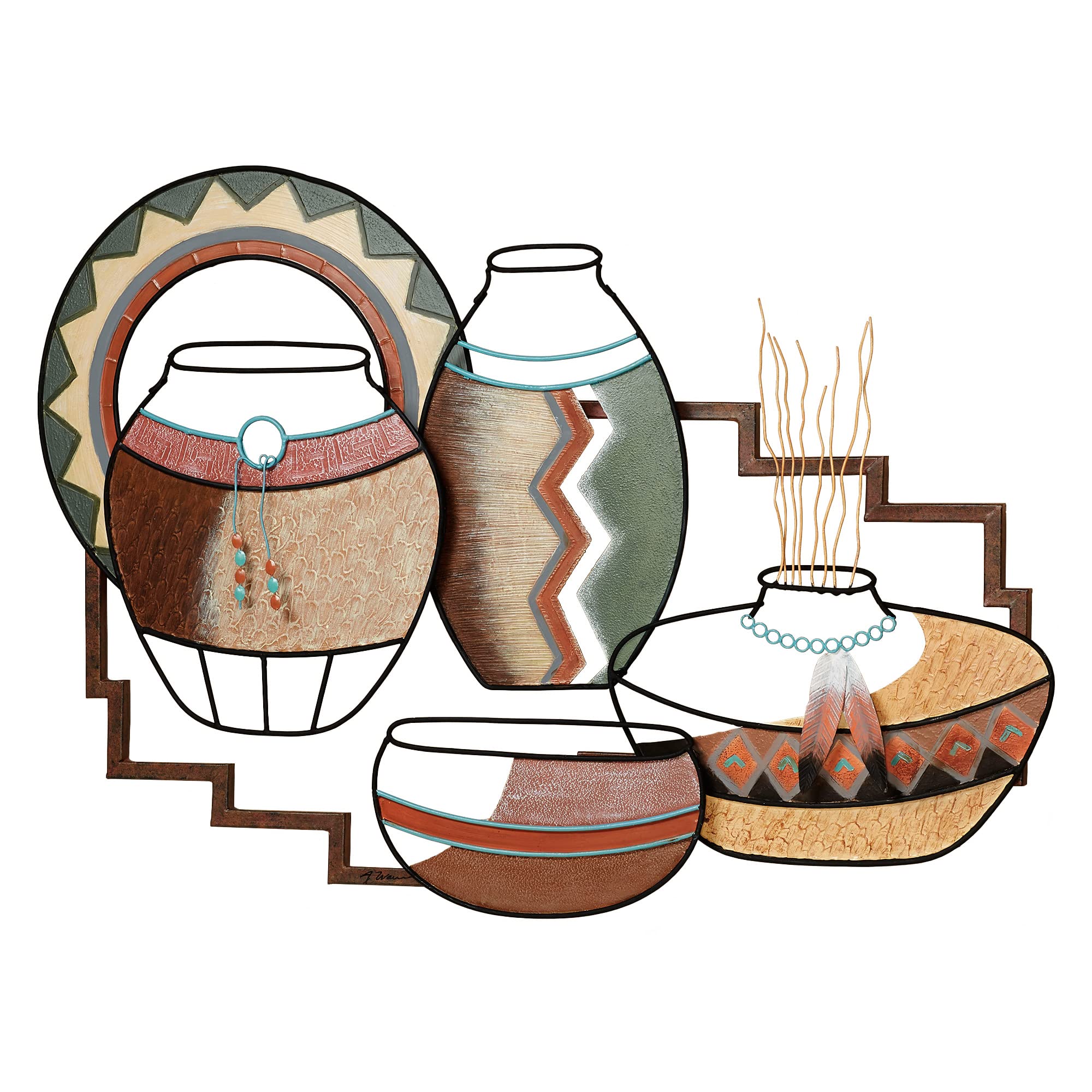 Southwestern Style Metal Wall Sculpture - Native Artifacts Multi Earth Decor | Handcrafted Vases, Charger & Bowl Set | Perfect for Southwest Aesthetic Home & Office Decor