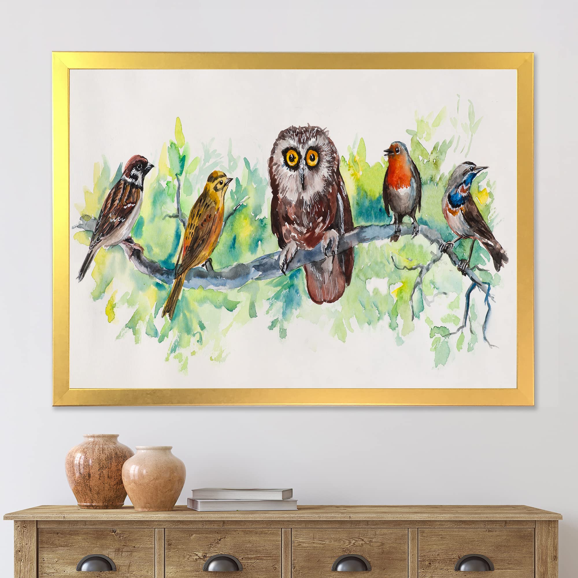 DesignQ Owl on a Branch with Bird Friends - Traditional Framed Wall Art Decor for Living Room, Bedroom & Office - Nature Inspired Home Decor