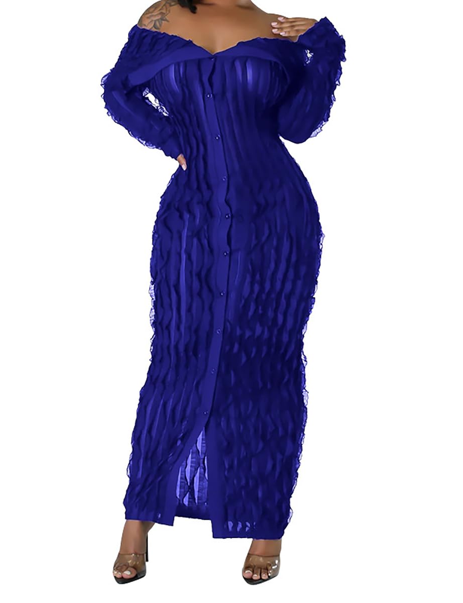 WOKANSE Women's Sexy Elegant Off Shoulder Long Sleeve Button Down Ruffle Bodycon Dress - Perfect for Date Night, Parties & Special Occasions