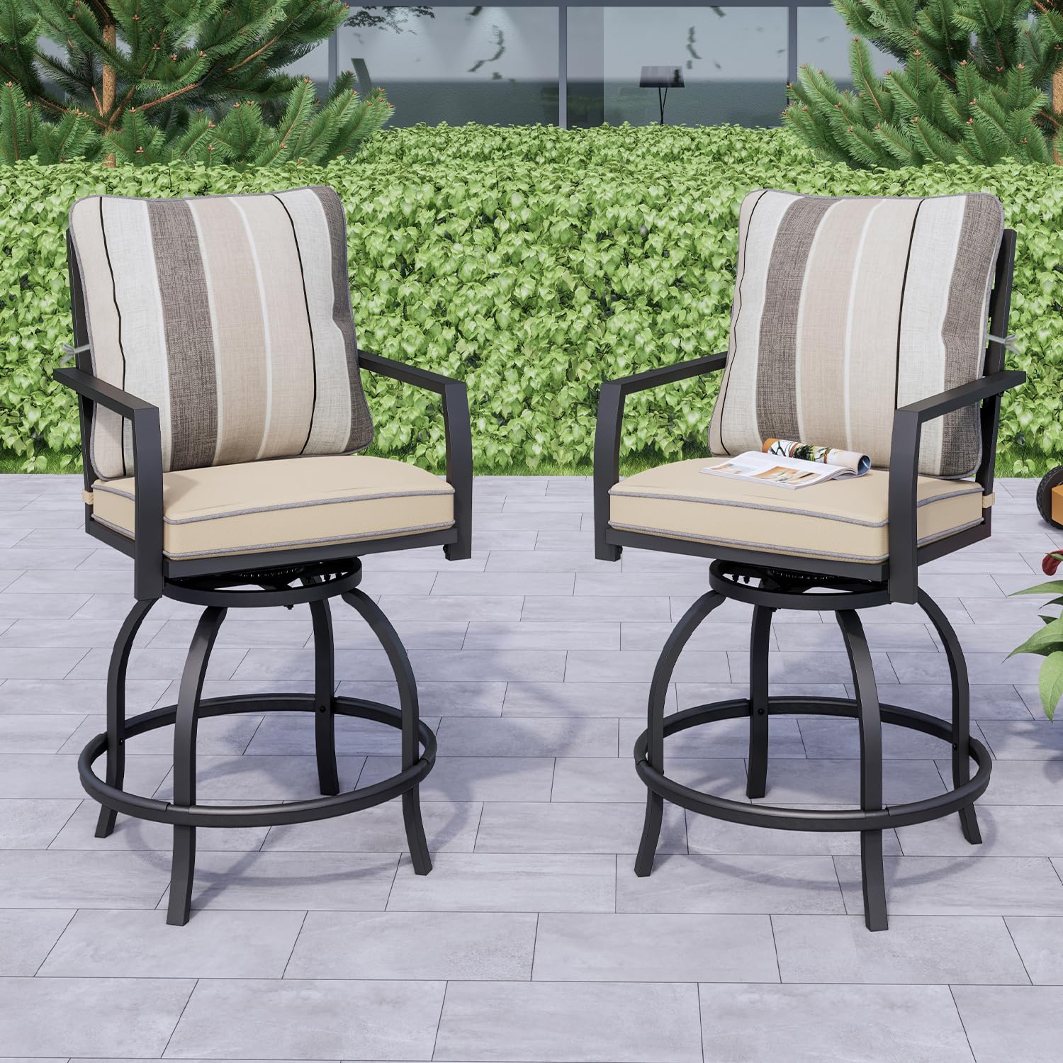 **PatioFestival Outdoor Swivel Bar Stools Set of 2 - Bar Height Patio Chairs with Cushion & All-Weather Steel Frame, Beige - Perfect for Backyard, Deck, Poolside & Outdoor Entertaining**