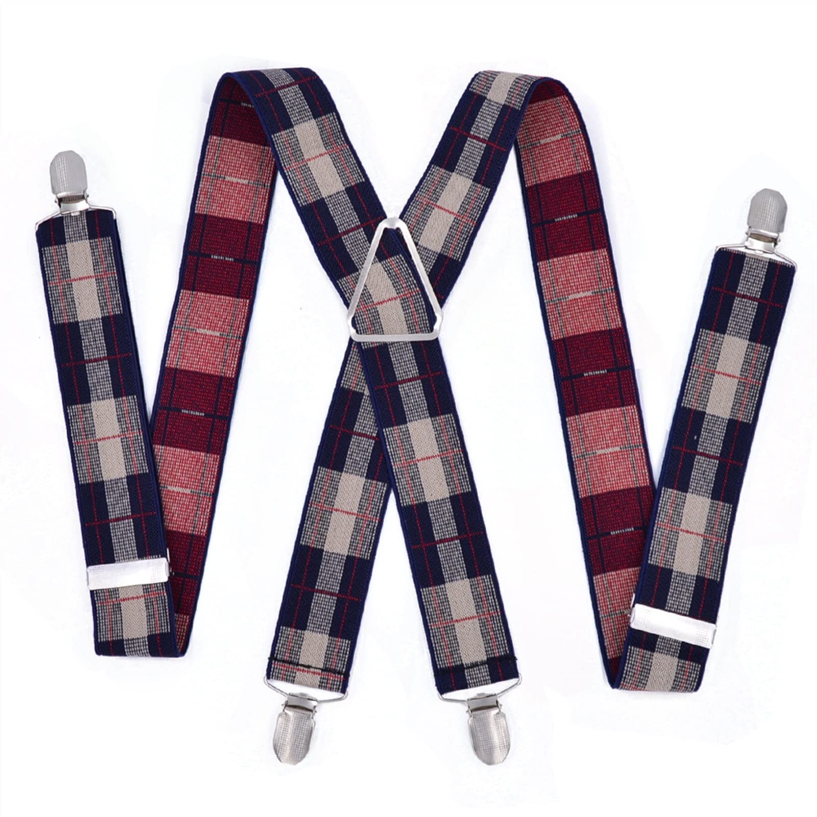 Adjustable Elastic X-Back Suspenders for Men & Women - Large Size 55 Inch with Clips - Plaid Navy Blue - Perfect for Formal Wear, Work Attire & Vintage Fashion