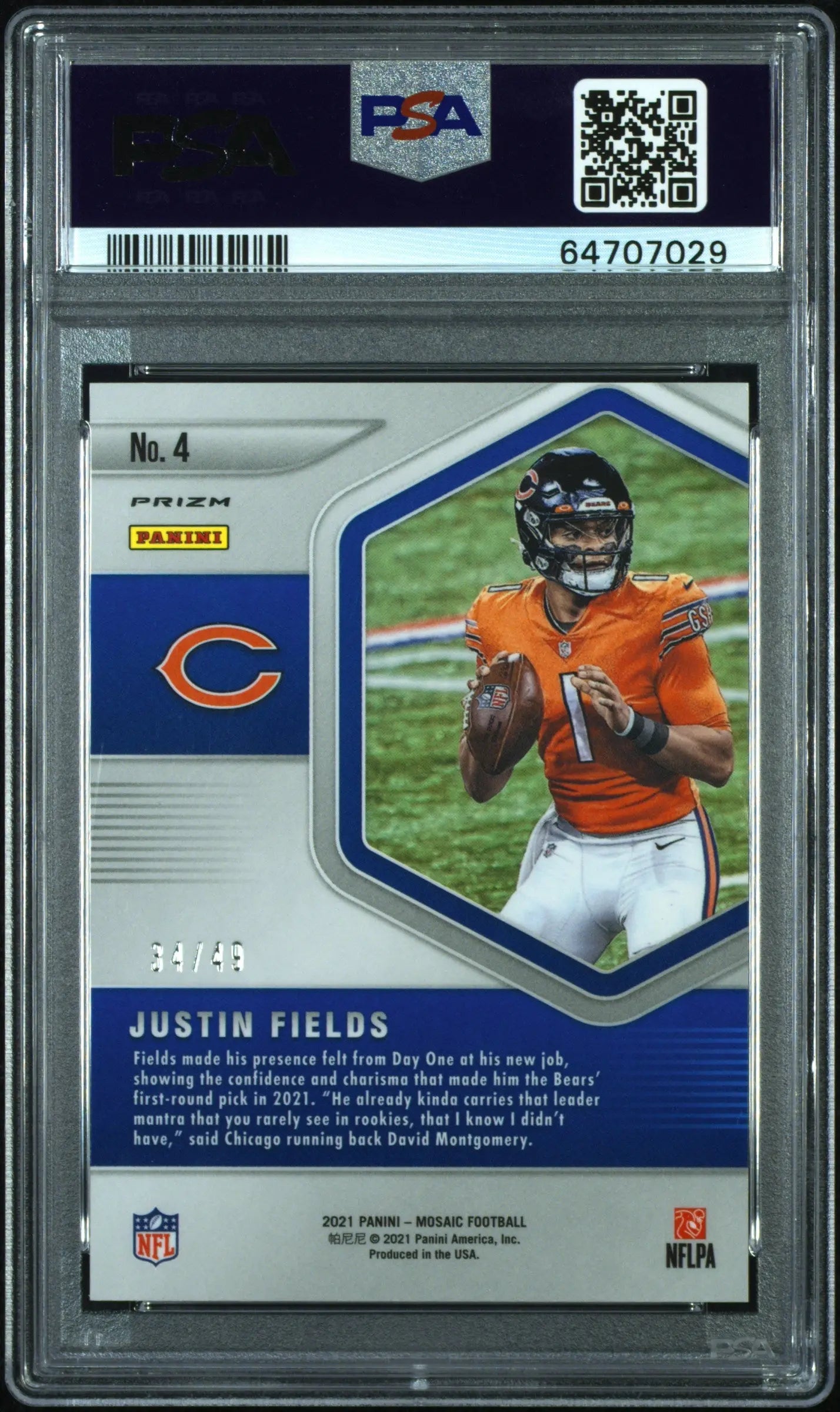 2021 Panini Mosaic Blue Chips PSA 10 Justin Fields Rookie Card Purple Mosaic 34/49 #4 - Rare Football Collectible for Sports Fans & Investment