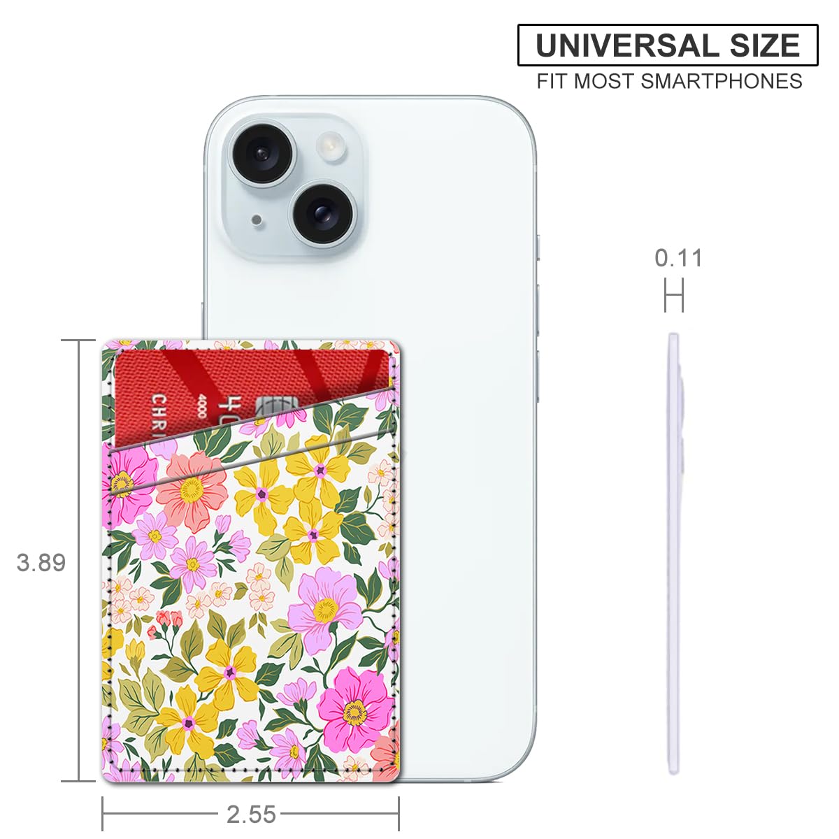 Leather Card Holder for Phone Case - Slim Wallet Sleeve with Dual Pockets for Credit Cards & ID - Stick-on Design Fits Most Smartphones - Bright Floral Pattern - Perfect for Travel, Shopping & Everyday Use