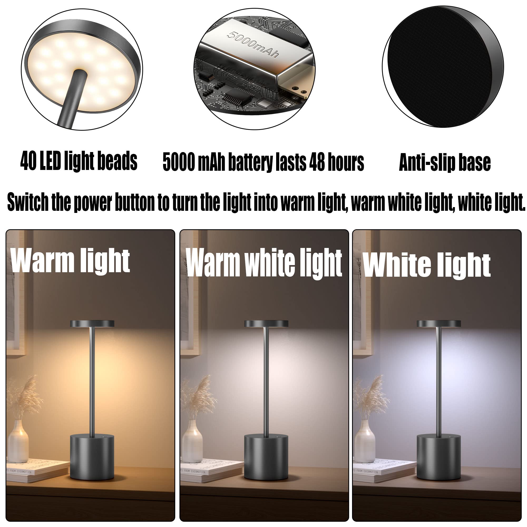 2 Pack Rechargeable LED Table Lamp - 5000mAh Battery Powered, USB Portable Desk Light with 3 Brightness Levels, Metal Base for Home Office, Restaurant & Outdoor Use (10.25 Inch, Grey)