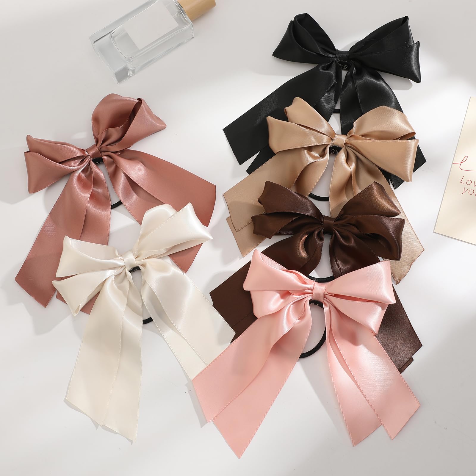Yougeigy 6PCS Satin Hair Bows & Scrunchies for Women & Girls - Black Ribbon Hair Ties with Long Tail for Thin & Thick Hair - Perfect for School, Parties & Everyday Styling