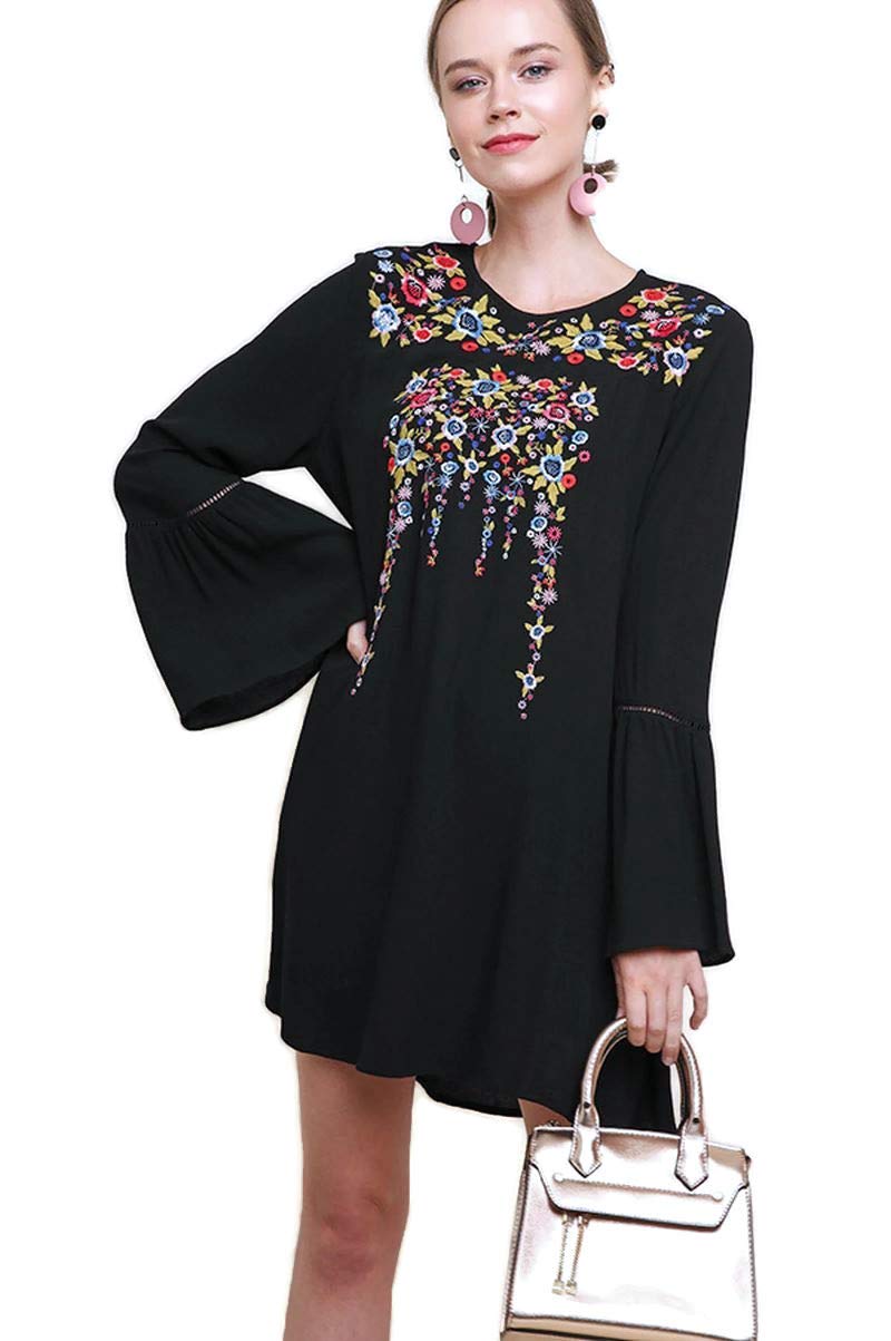 Umgee Women's Floral Embroidered Bell Sleeve Mini Dress - Summer Casual Boho Chic Dress for Beach, Party & Date Night