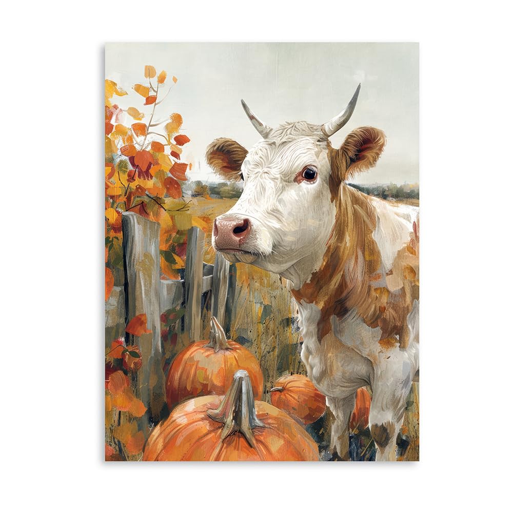 Farmhouse Fall Wall Art - Framed Colorful Cow Picture Painting 12x16 Inch, Rustic Animal Print Decor for Living Room, Kitchen & Country Style Homes
