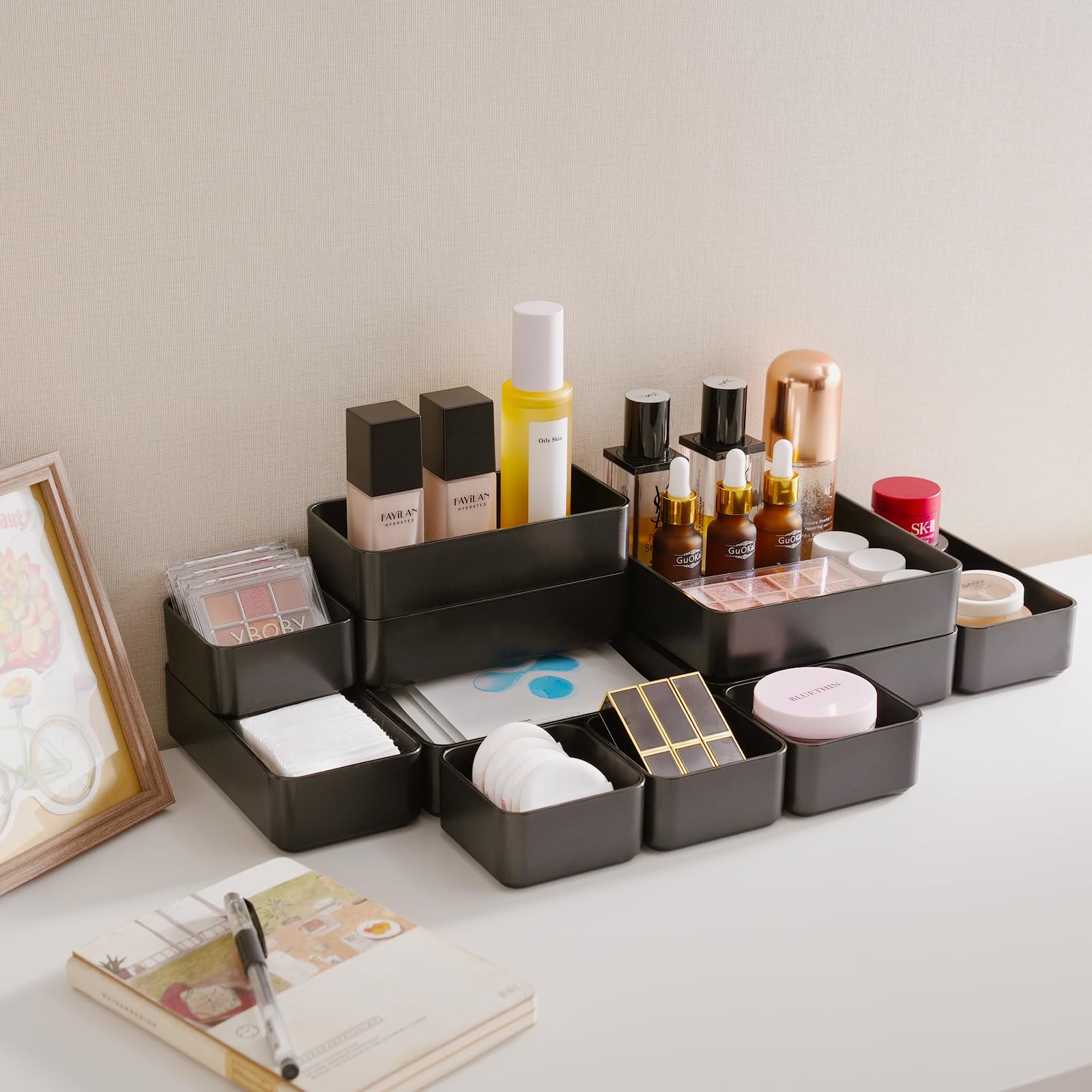 11-Piece Stackable Drawer Organizer Set - Multi-Size Desk & Vanity Storage Bins for Makeup, Stationery, Utensils - Perfect for Bathroom, Dresser, Office & Kitchen Organization