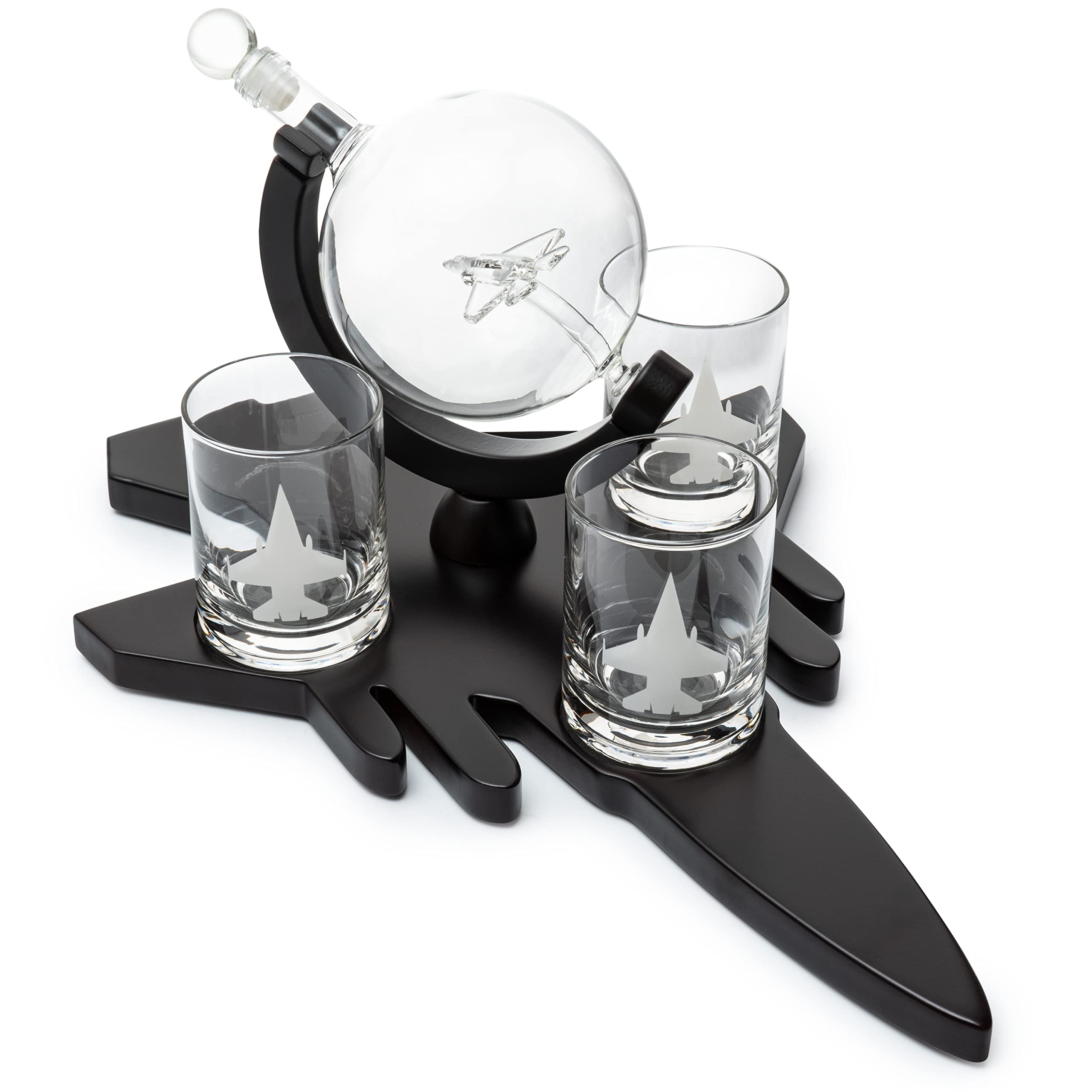 Fighter Jet Wine & Whiskey Decanter Set - F16, F15, F18, F22 with 3 Glasses | Bourbon, Scotch & Vodka Decanter | Perfect Pilot, Aviation & Military Veteran Gifts | Airplane Figurine for Home Bar & Cocktail Party Decor
