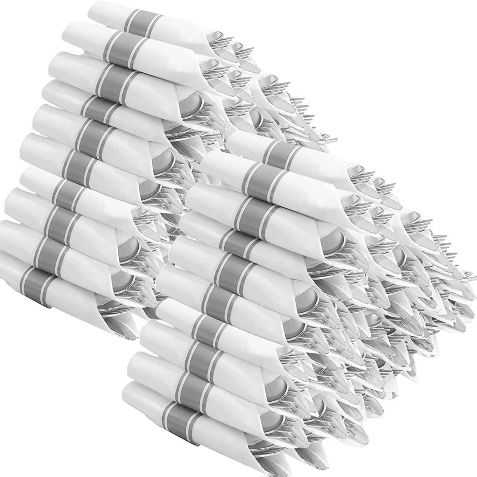 100-Pack Premium Silver Plastic Cutlery Set - Disposable Forks, Spoons, Knives & Napkins for Parties, Weddings, Birthdays | Bulk Wrapped Silverware for Catering, Picnics & Events