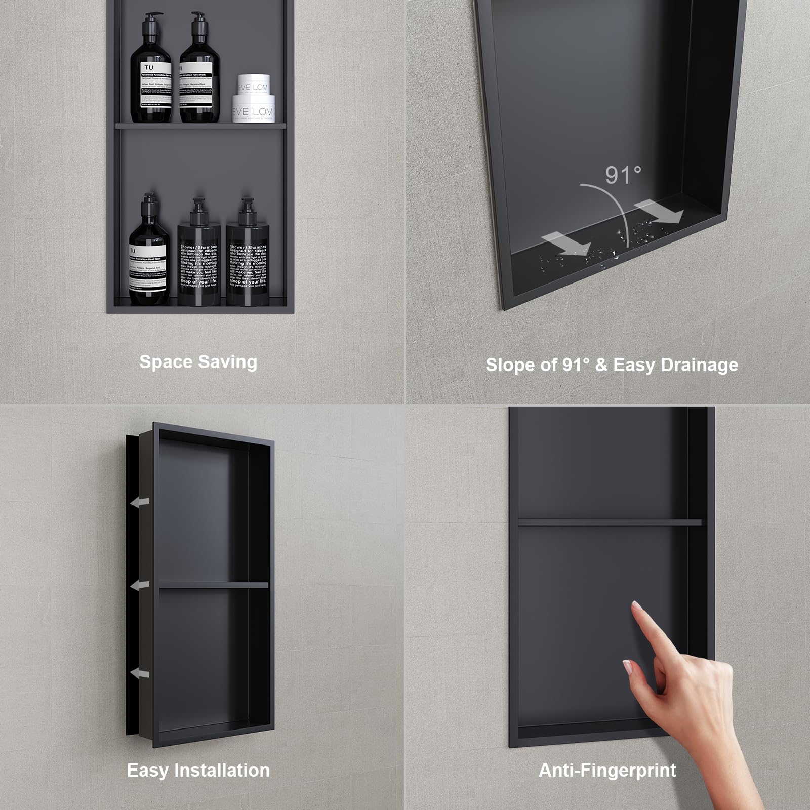 Stainless Steel Shower Niche 12x24 Inch - Recessed Bathroom Storage Shelf, No Tiling Required - Matte Black Finish for Modern Showers & Bathrooms - Perfect for Organizing Toiletries, Shampoo & Bath Essentials