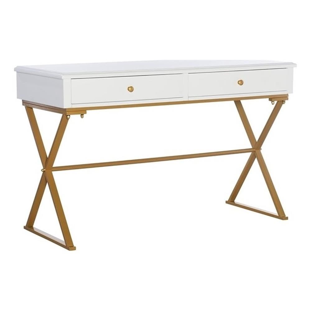 Modern 2-Drawer Wood and Metal Office Desk in White & Gold - Stylish Home Office Furniture for Small Spaces, Work from Home & Study Rooms
