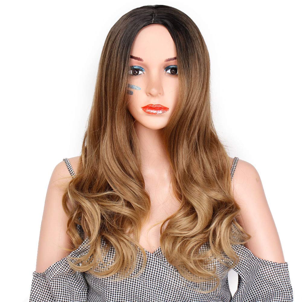 TRESSED UP Long Wavy Synthetic Hair Wig with Bangs - Ombre Dark Blonde Heat Resistant Wigs for Women | Perfect for Daily Wear, Cosplay & Party Occasions
