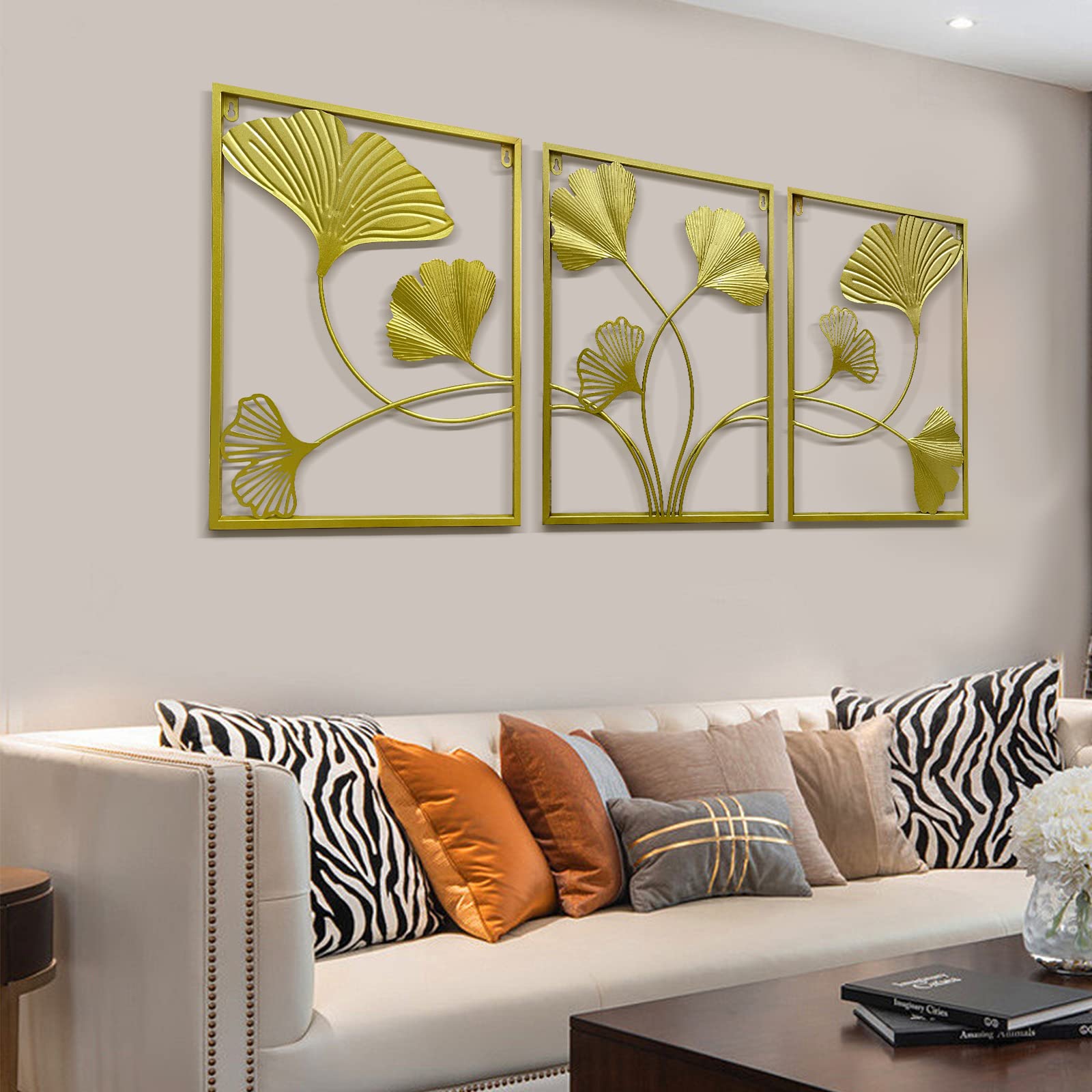 OIFLLES Gold Metal Wall Art Set of 3 - Golden Leaf Wall Decor with Frame for Home & Office | Elegant Interior Decoration, Housewarming Gift, Bedroom & Living Room Accents | Perfect for Modern, Boho & Farmhouse Decor Styles